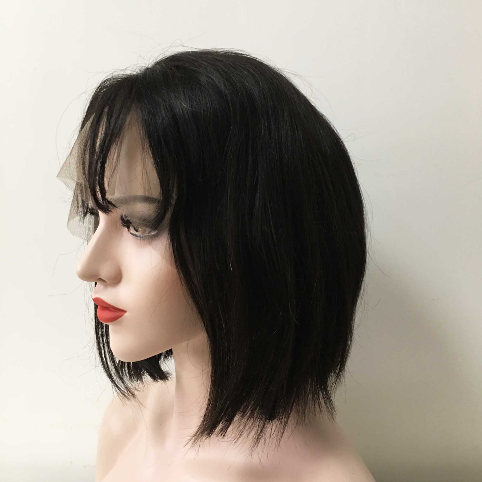 nevermindyrhead Women Black Human Hair Lace Front Short Straight Fringe Bangs Wig
