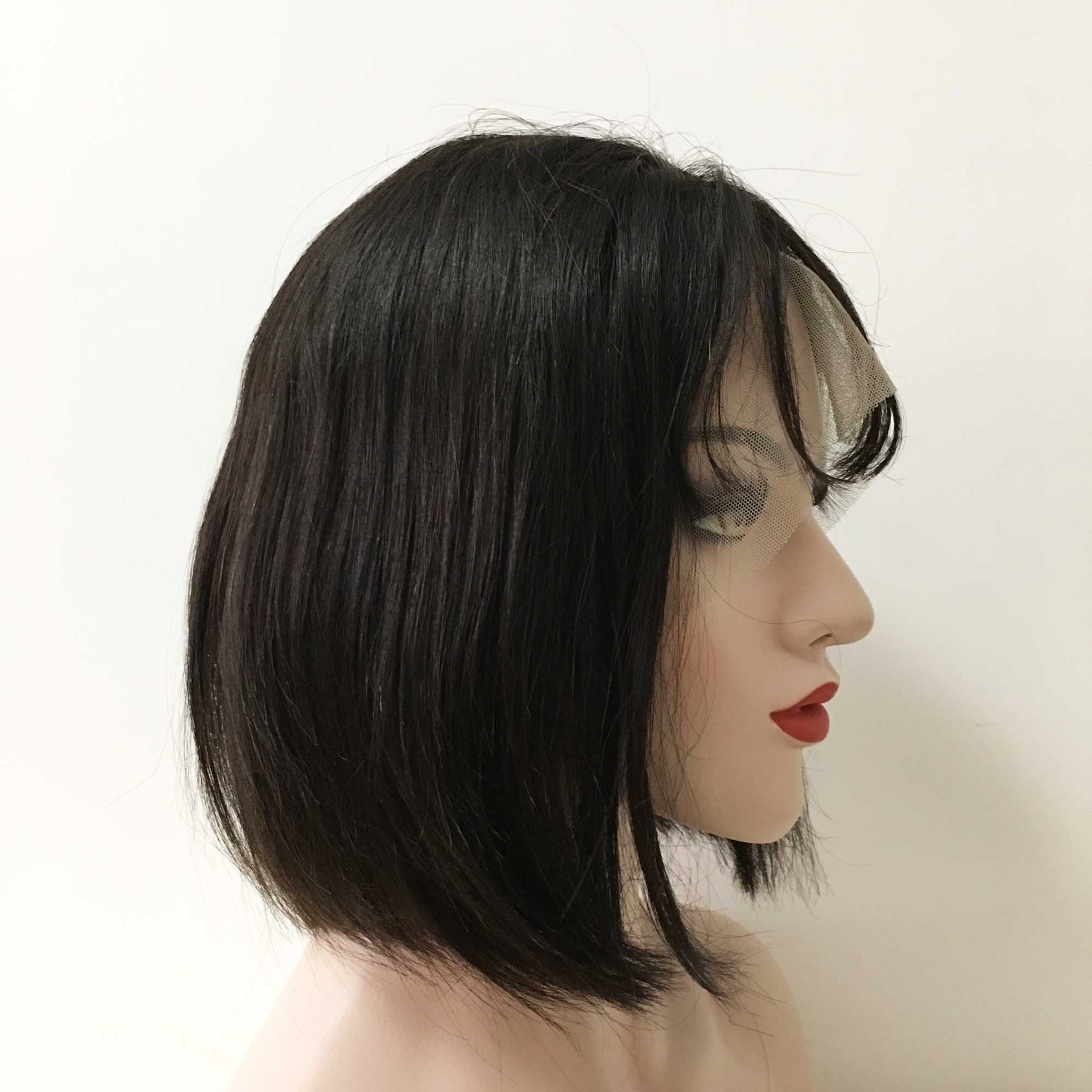 nevermindyrhead Women Black Human Hair Lace Front Short Straight Fringe Bangs Wig