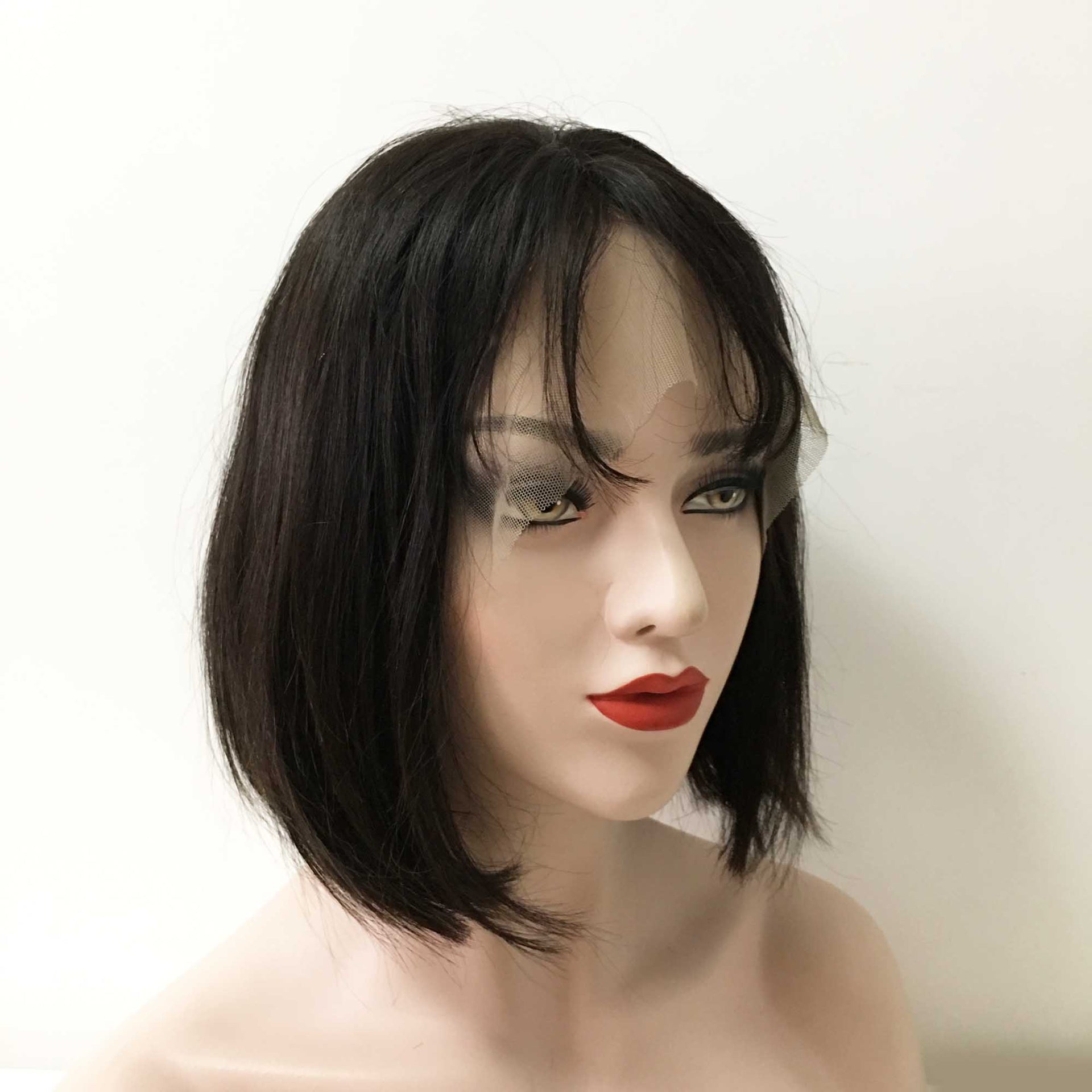 nevermindyrhead Women Black Human Hair Lace Front Short Straight Fringe Bangs Wig