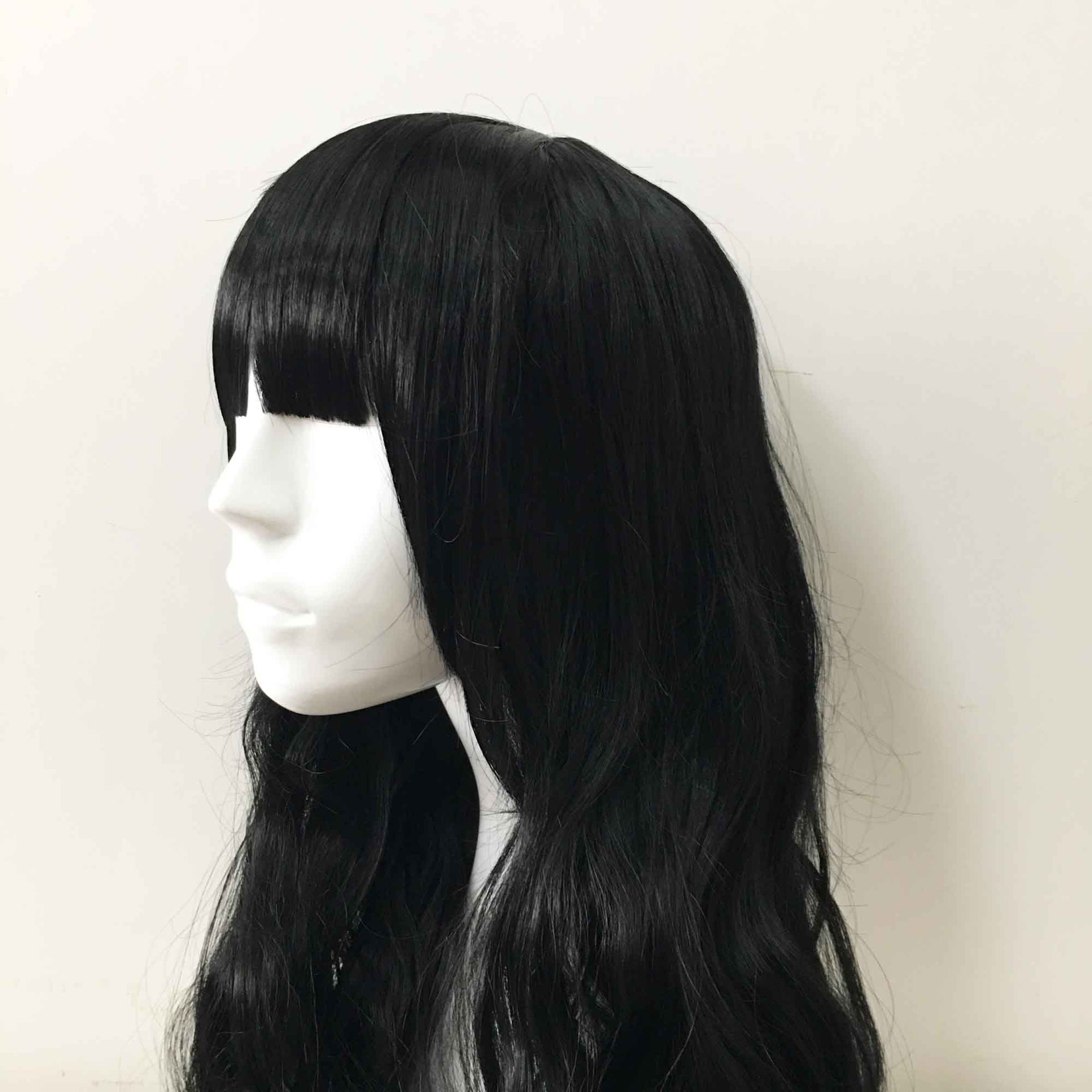 nevermindyrhead Women Black Long Curly Blunt Bangs Cosplay Wig