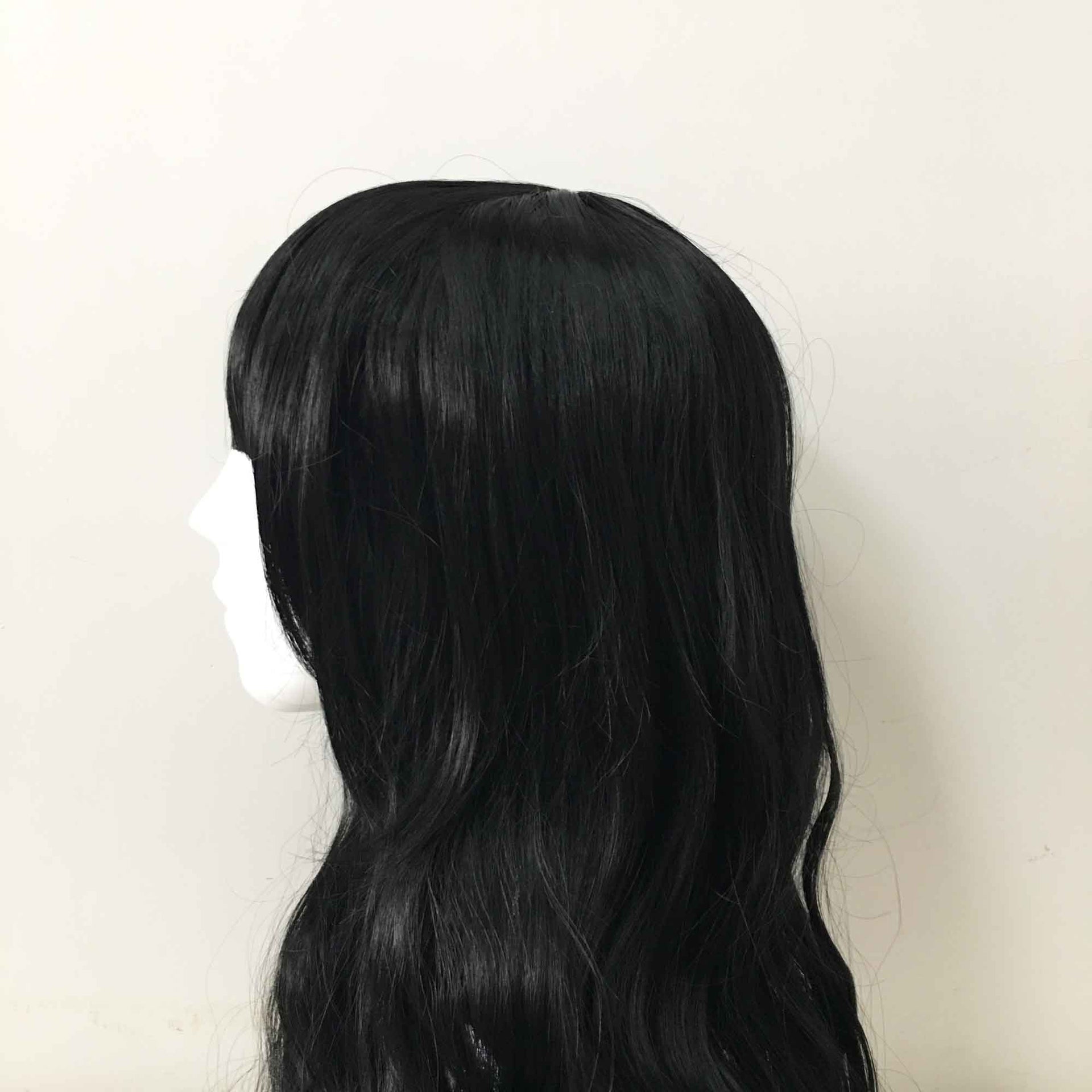 nevermindyrhead Women Black Long Curly Blunt Bangs Cosplay Wig