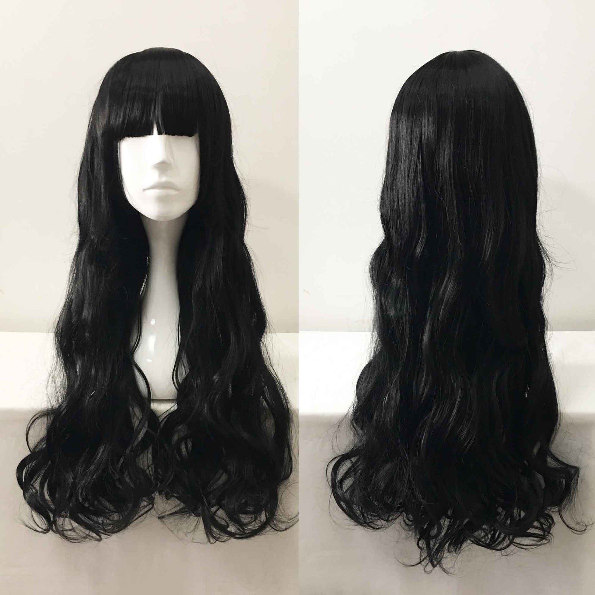 nevermindyrhead Women Black Long Curly Blunt Bangs Cosplay Wig
