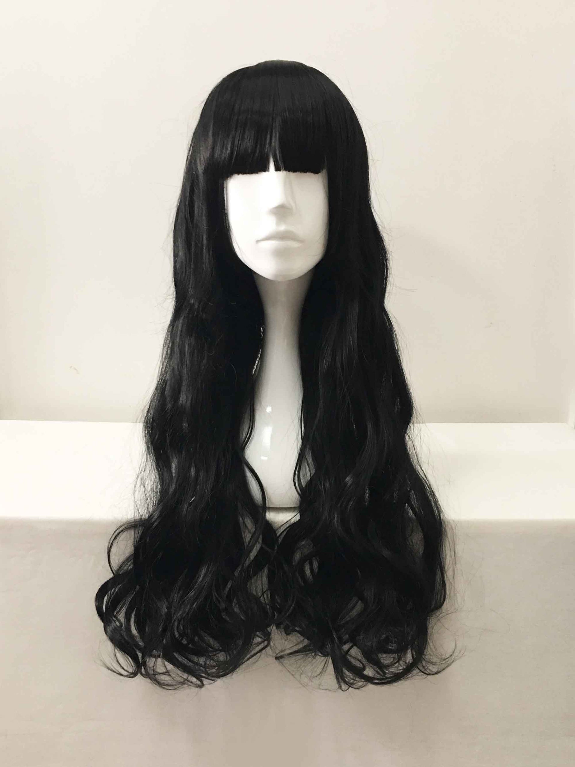 nevermindyrhead Women Black Long Curly Blunt Bangs Cosplay Wig