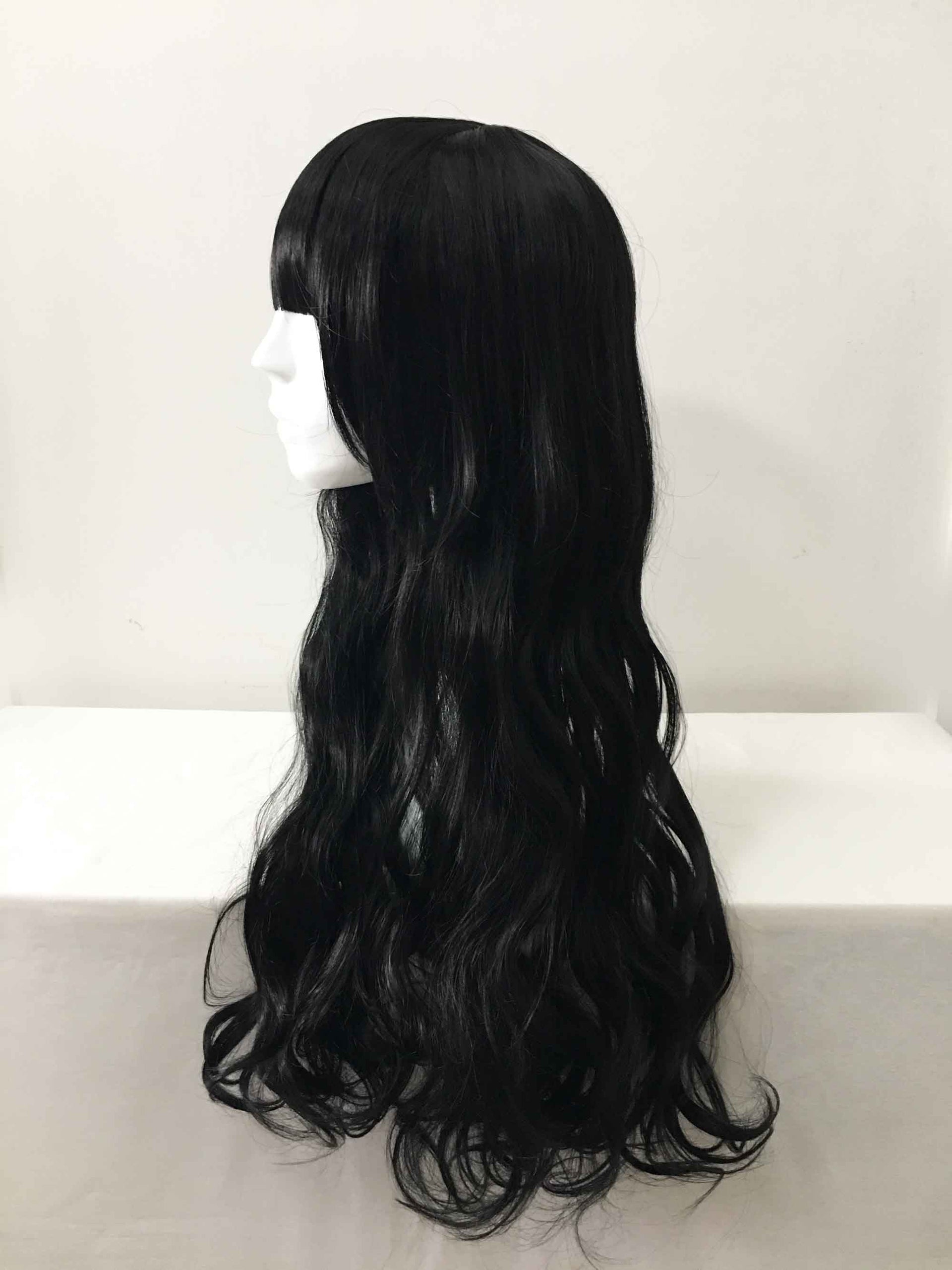 nevermindyrhead Women Black Long Curly Blunt Bangs Cosplay Wig