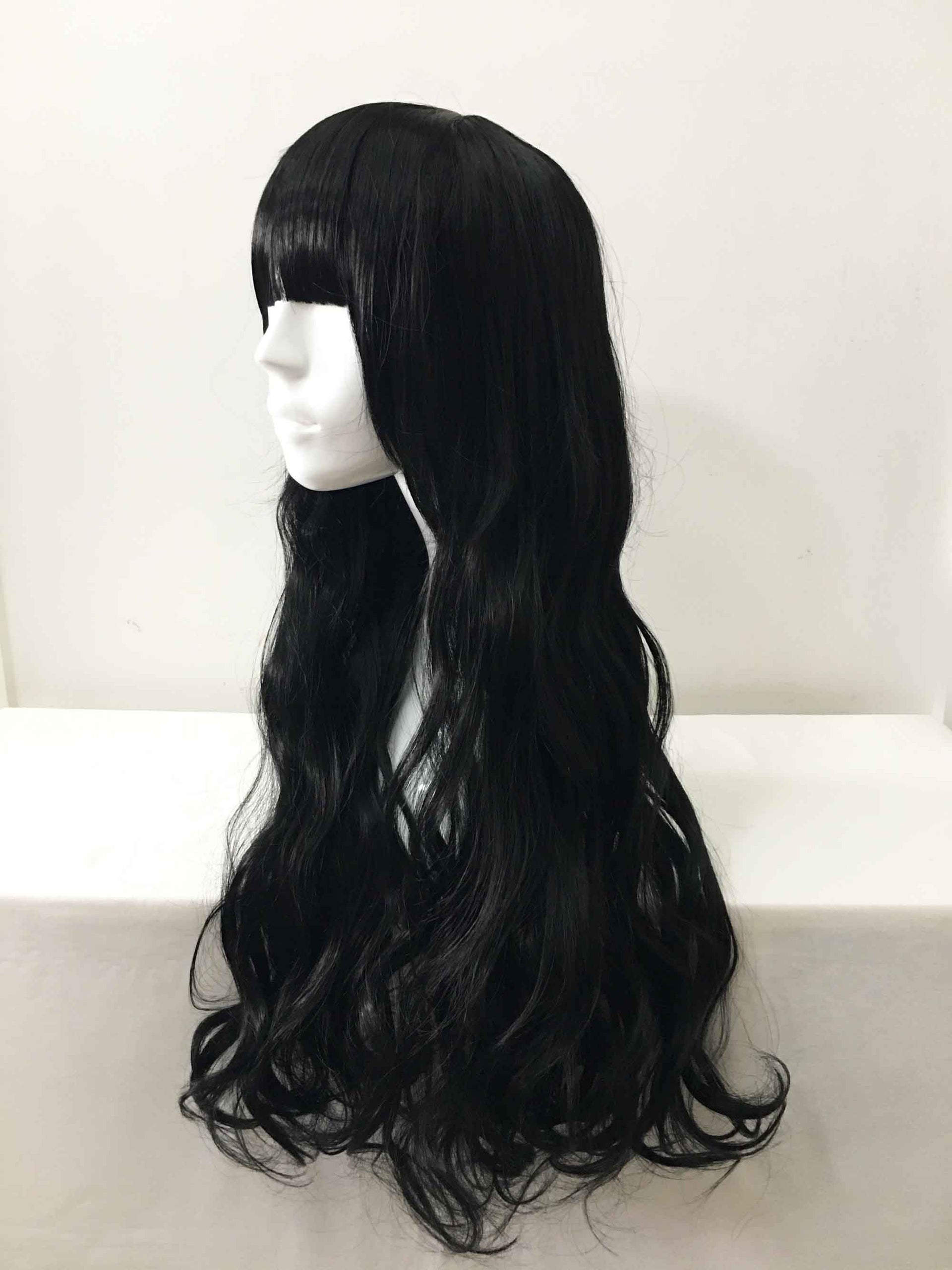 nevermindyrhead Women Black Long Curly Blunt Bangs Cosplay Wig
