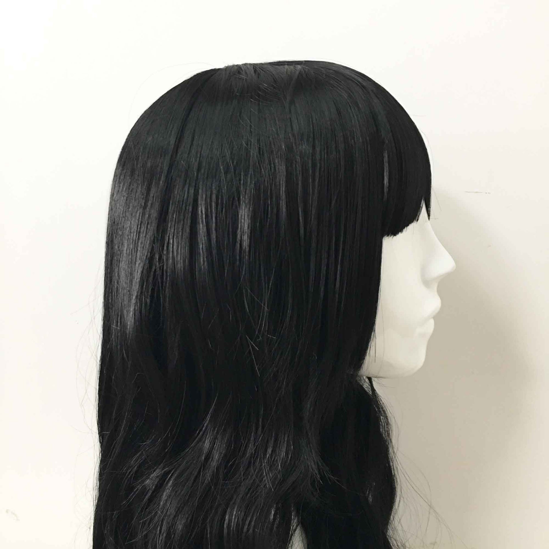 nevermindyrhead Women Black Long Curly Blunt Bangs Cosplay Wig