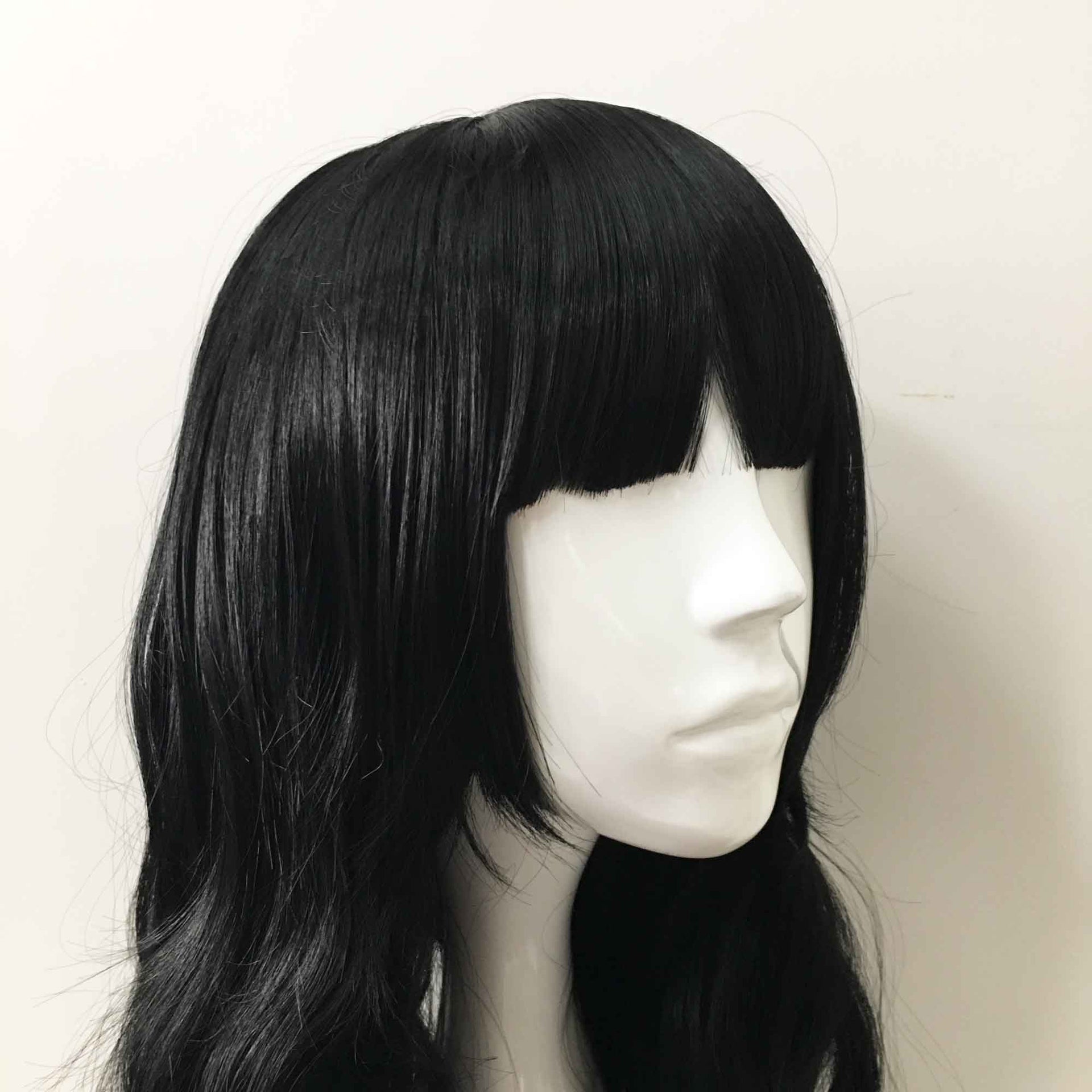 nevermindyrhead Women Black Long Curly Blunt Bangs Cosplay Wig