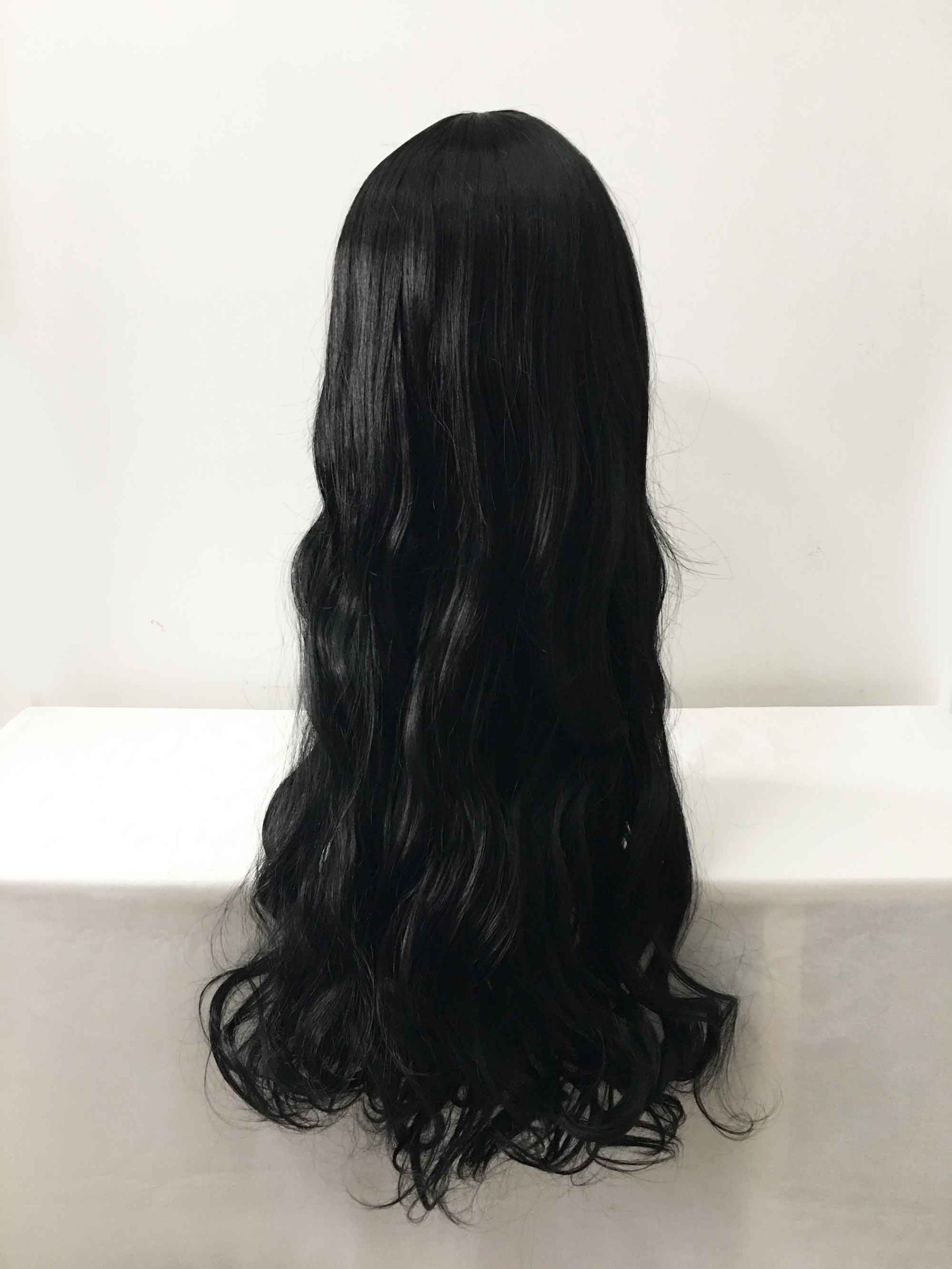 nevermindyrhead Women Black Long Curly Blunt Bangs Cosplay Wig