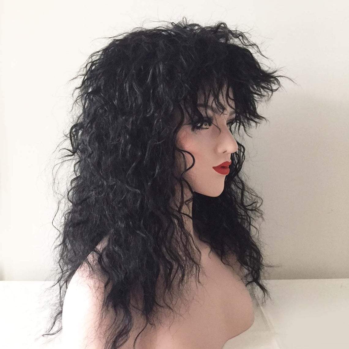nevermindyrhead Women Black Long Curly Frizzy Fringe Bangs Punk Wig