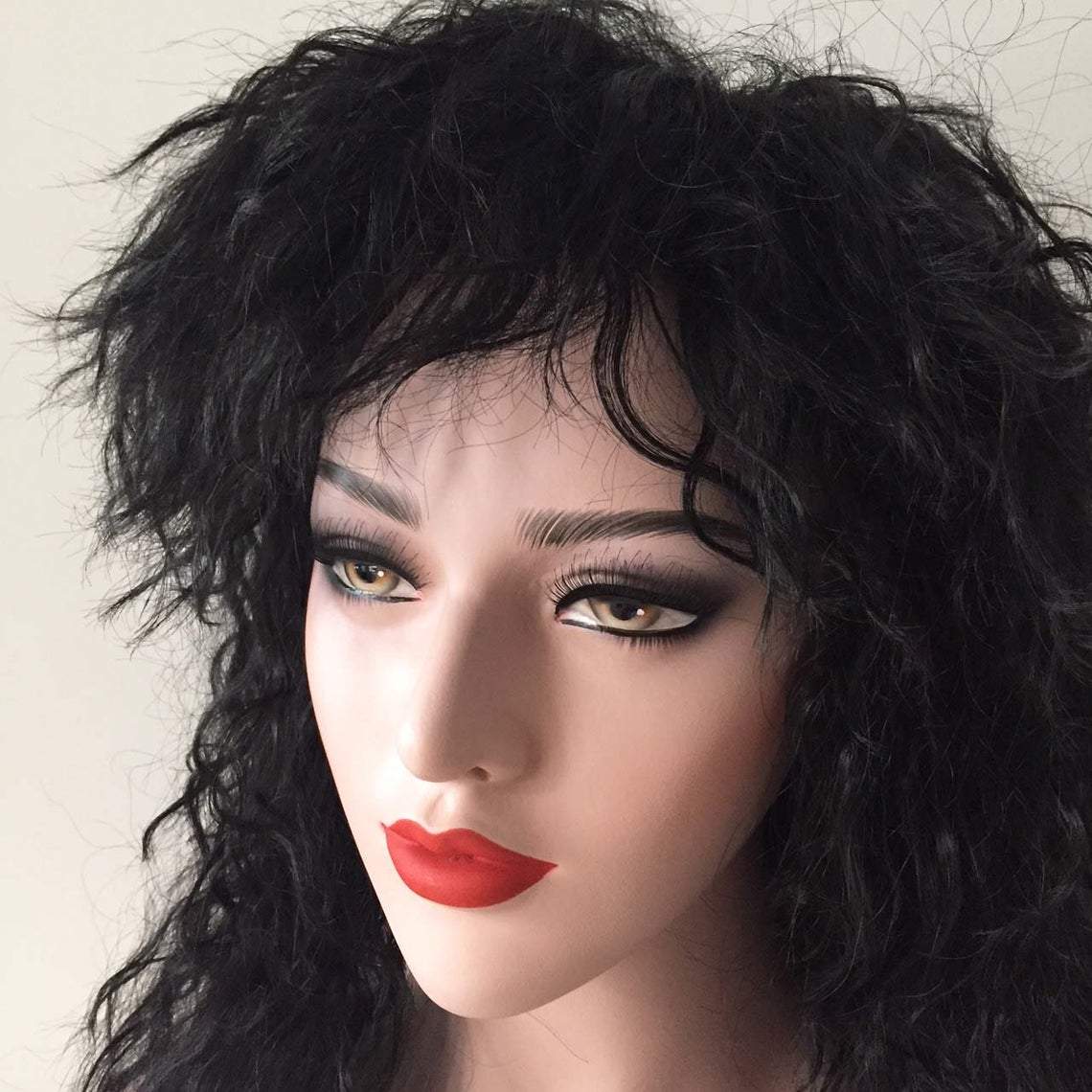 nevermindyrhead Women Black Long Curly Frizzy Fringe Bangs Punk Wig