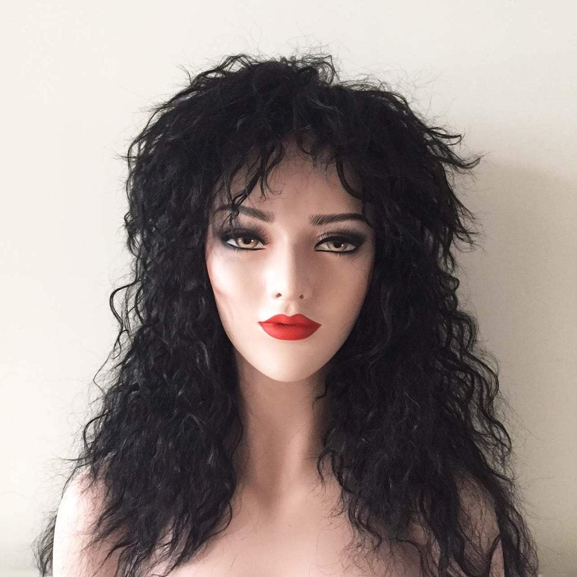 nevermindyrhead Women Black Long Curly Frizzy Fringe Bangs Punk Wig