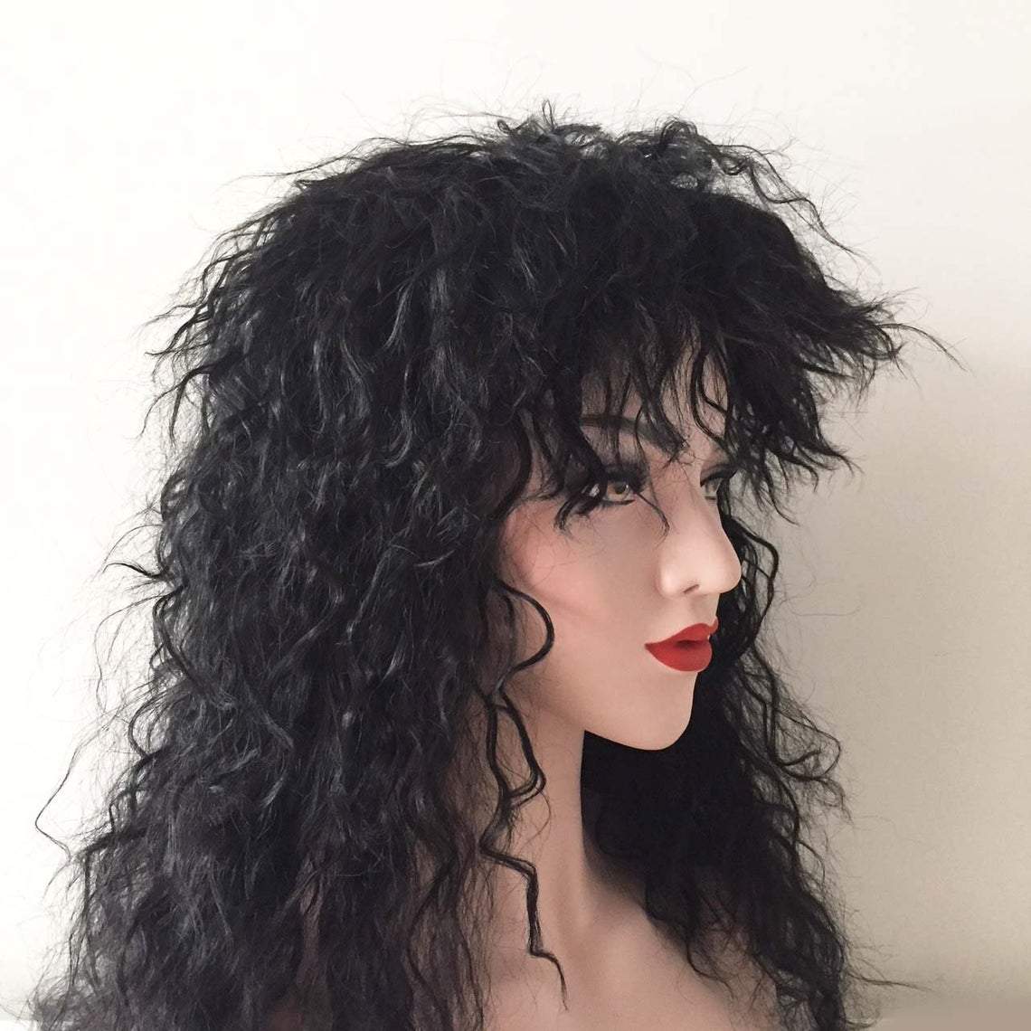 nevermindyrhead Women Black Long Curly Frizzy Fringe Bangs Punk Wig