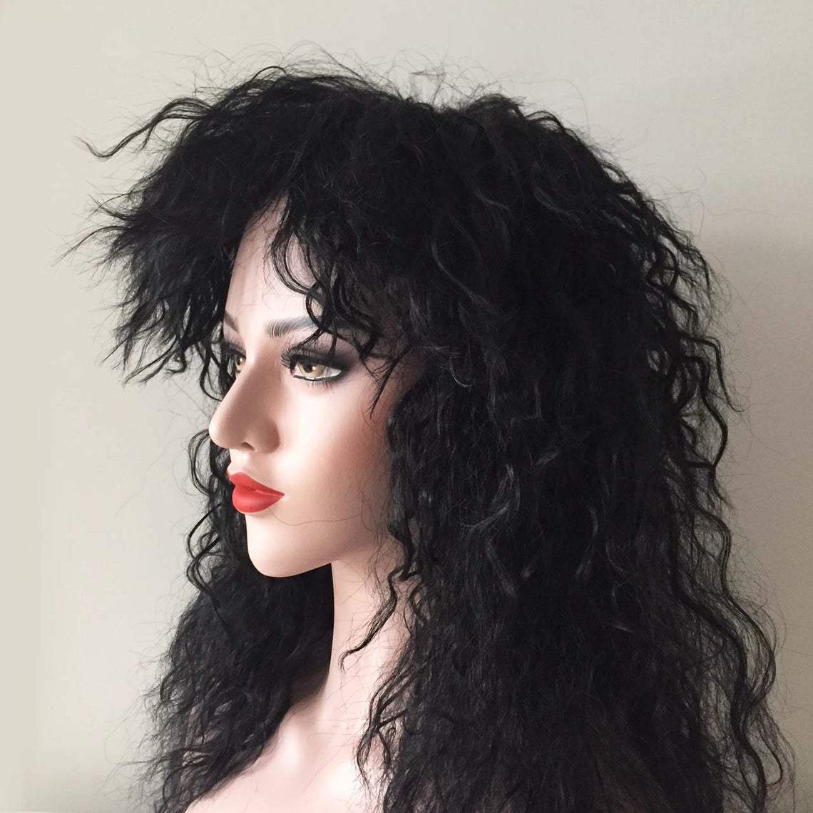 nevermindyrhead Women Black Long Curly Frizzy Fringe Bangs Punk Wig