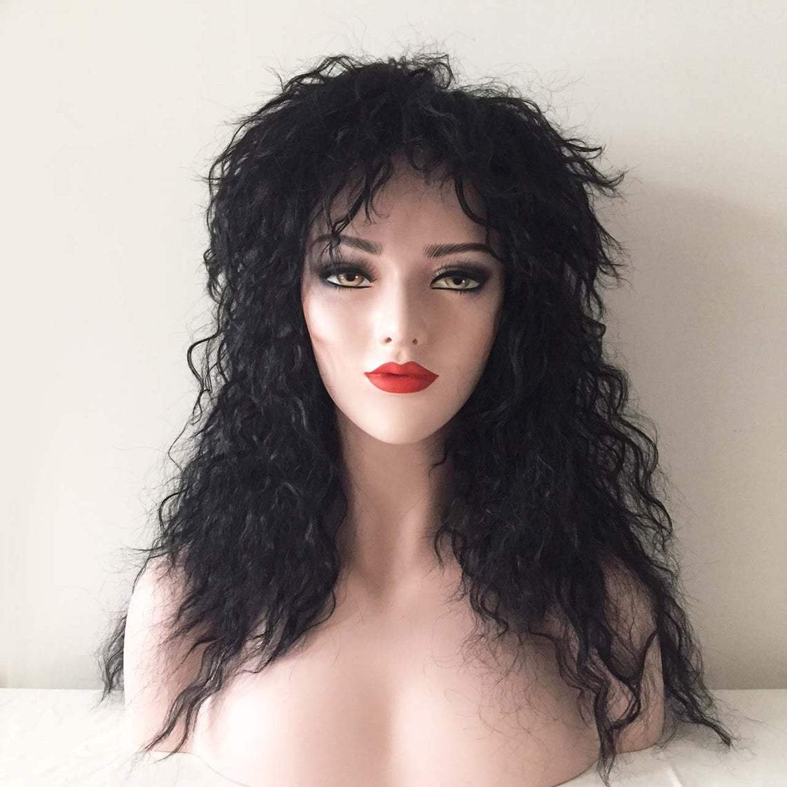 nevermindyrhead Women Black Long Curly Frizzy Fringe Bangs Punk Wig