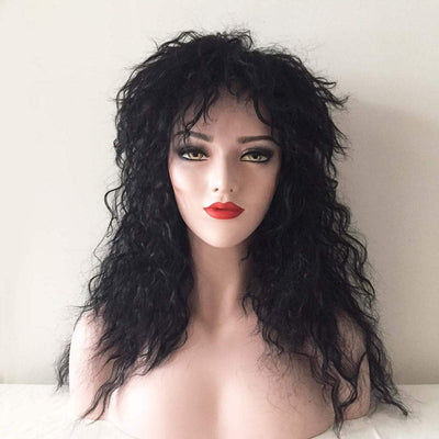 Women Black Long Curly Frizzy Fringe Bangs Punk Wig