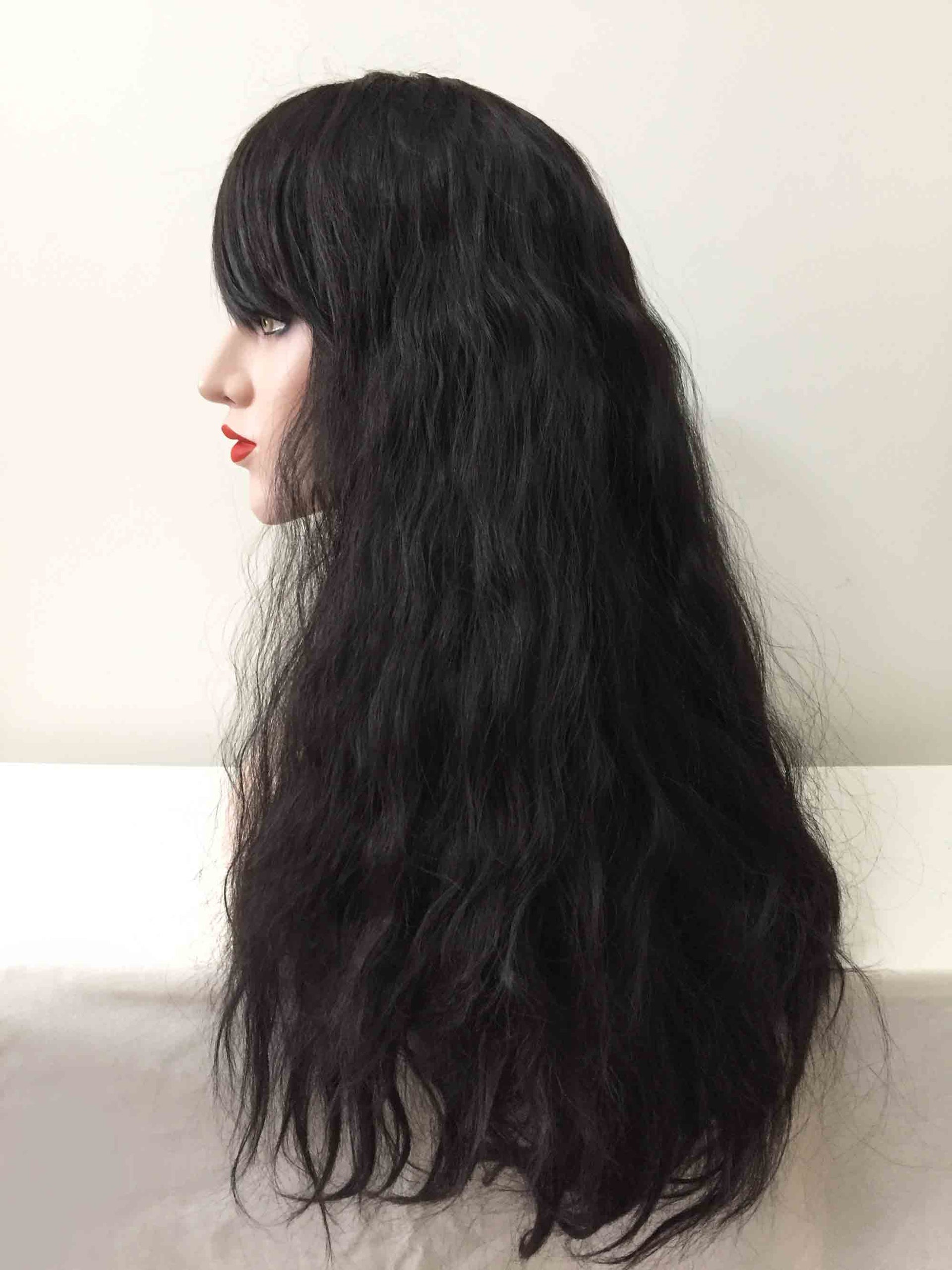 nevermindyrhead Women Black Long Curly Frizzy Fringe Bangs Thick Wig