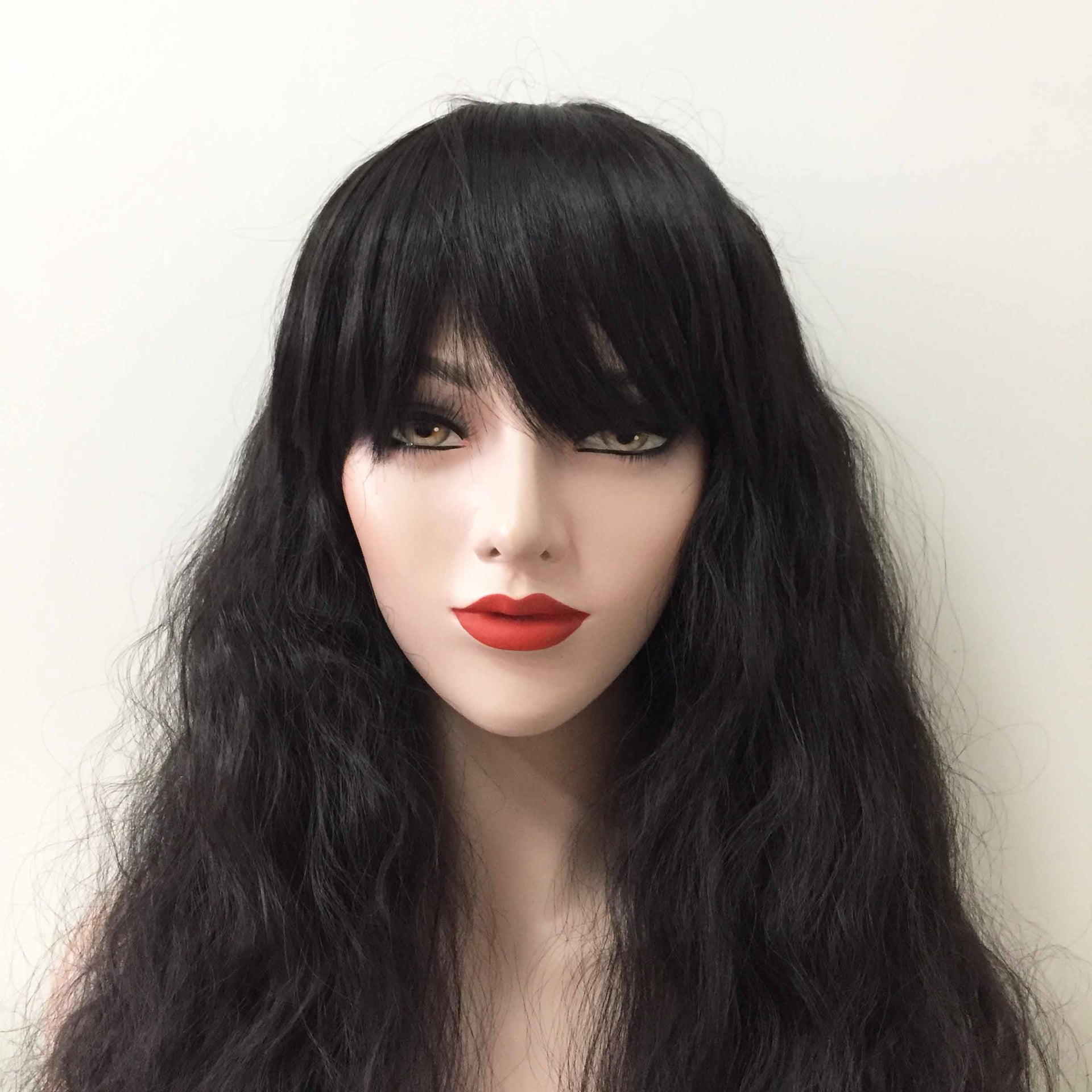 nevermindyrhead Women Black Long Curly Frizzy Fringe Bangs Thick Wig