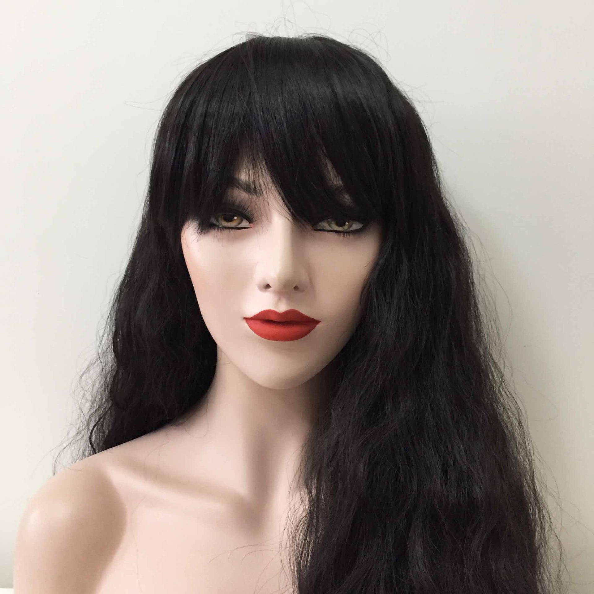 nevermindyrhead Women Black Long Curly Frizzy Fringe Bangs Thick Wig