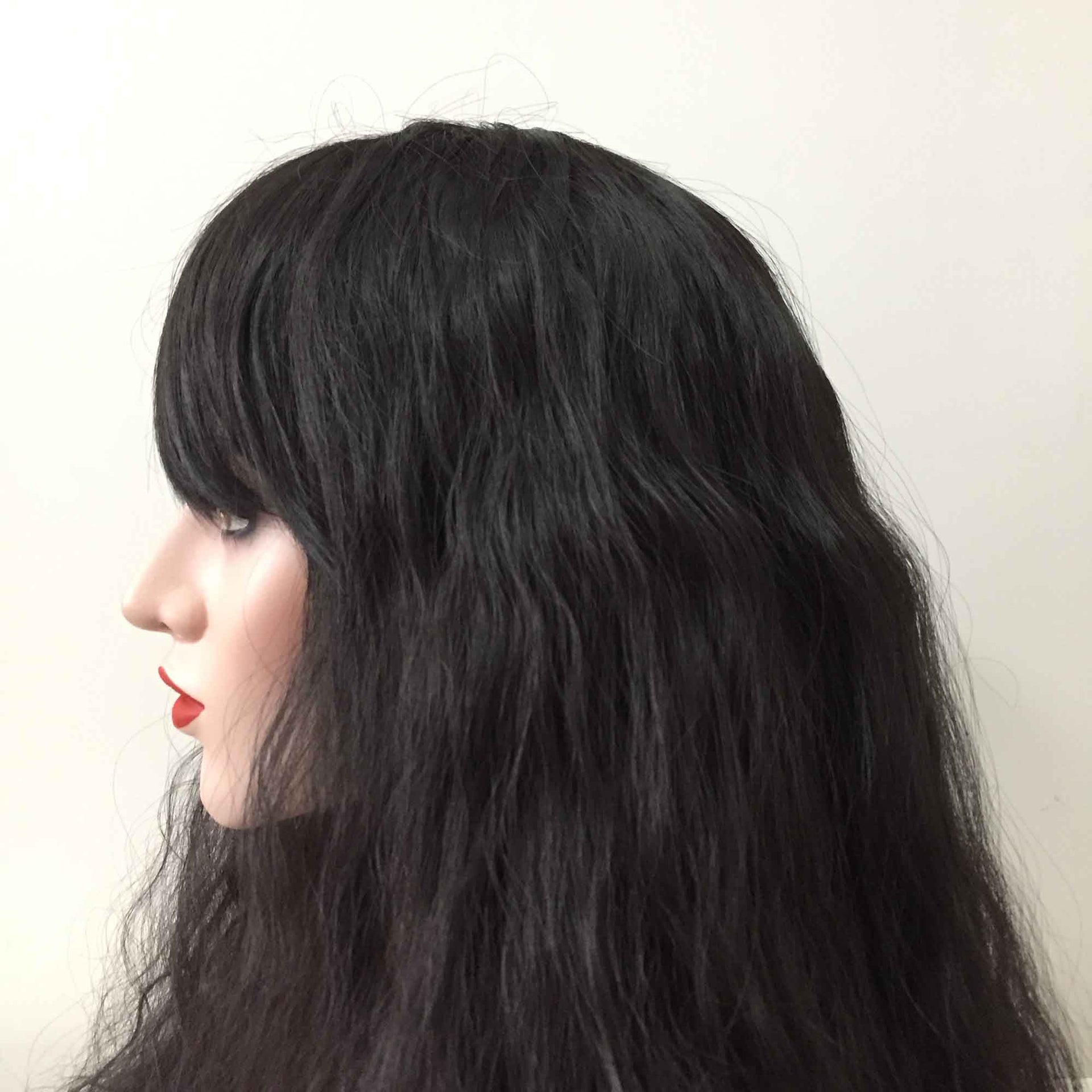 nevermindyrhead Women Black Long Curly Frizzy Fringe Bangs Thick Wig