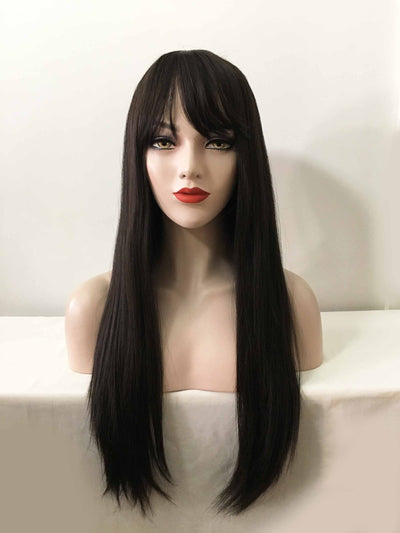 Women Black Long Straight Fringe Bangs Wig