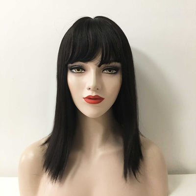 Women Black Medium Length Straight Blunt Cut Fringe Bangs Wig