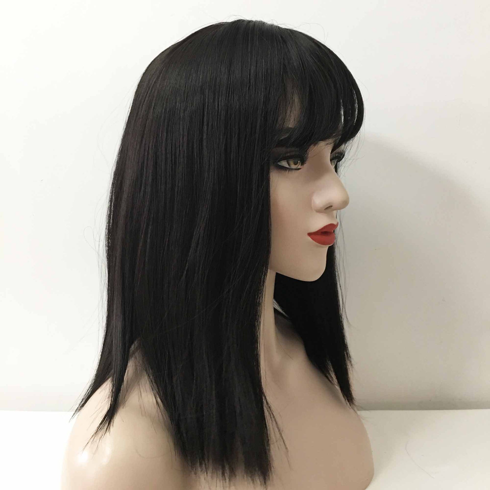 nevermindyrhead Women Black Medium Length Straight Blunt Cut Fringe Bangs Wig