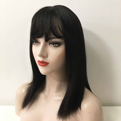 Women Black Medium Length Straight Blunt Cut Fringe Bangs Wig