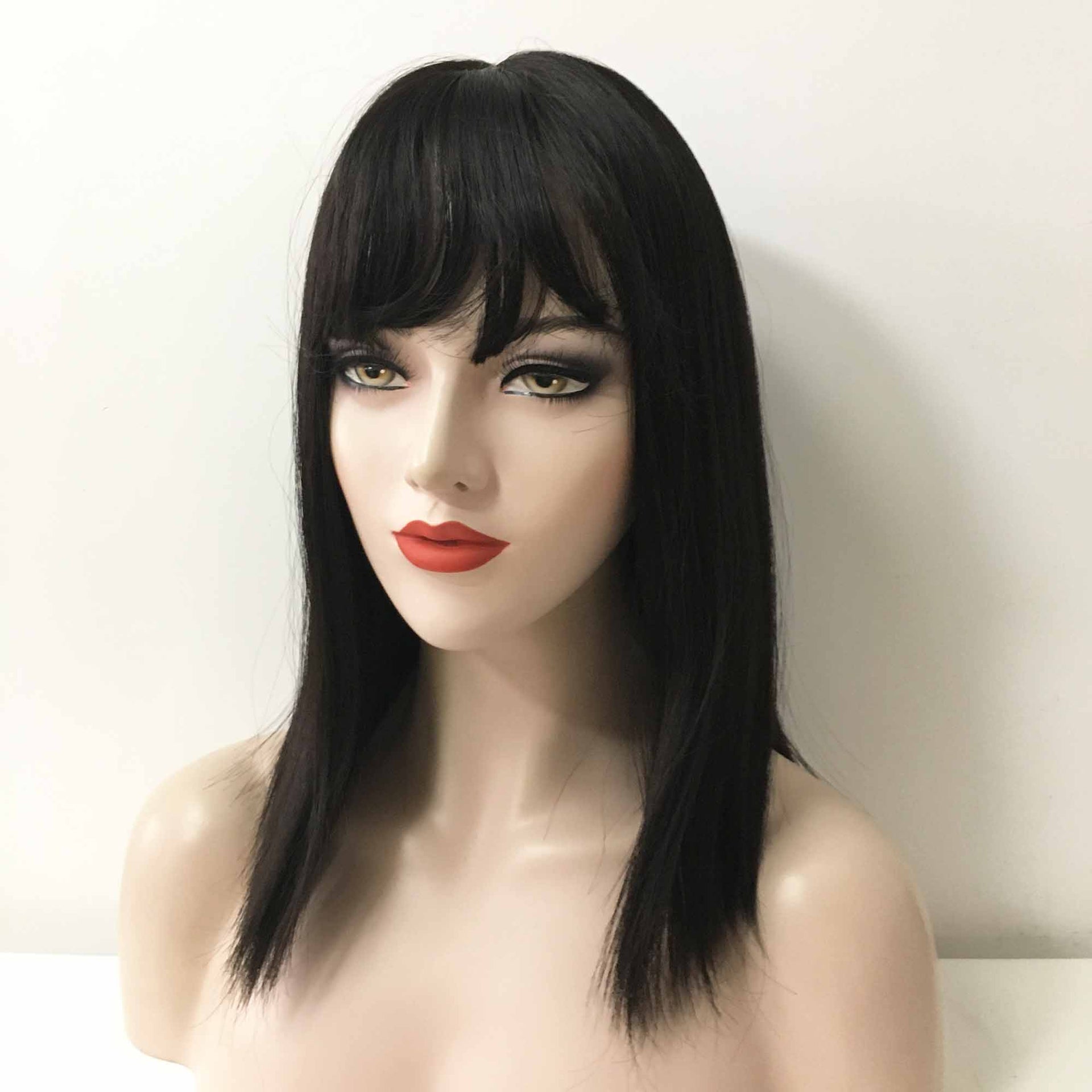nevermindyrhead Women Black Medium Length Straight Blunt Cut Fringe Bangs Wig