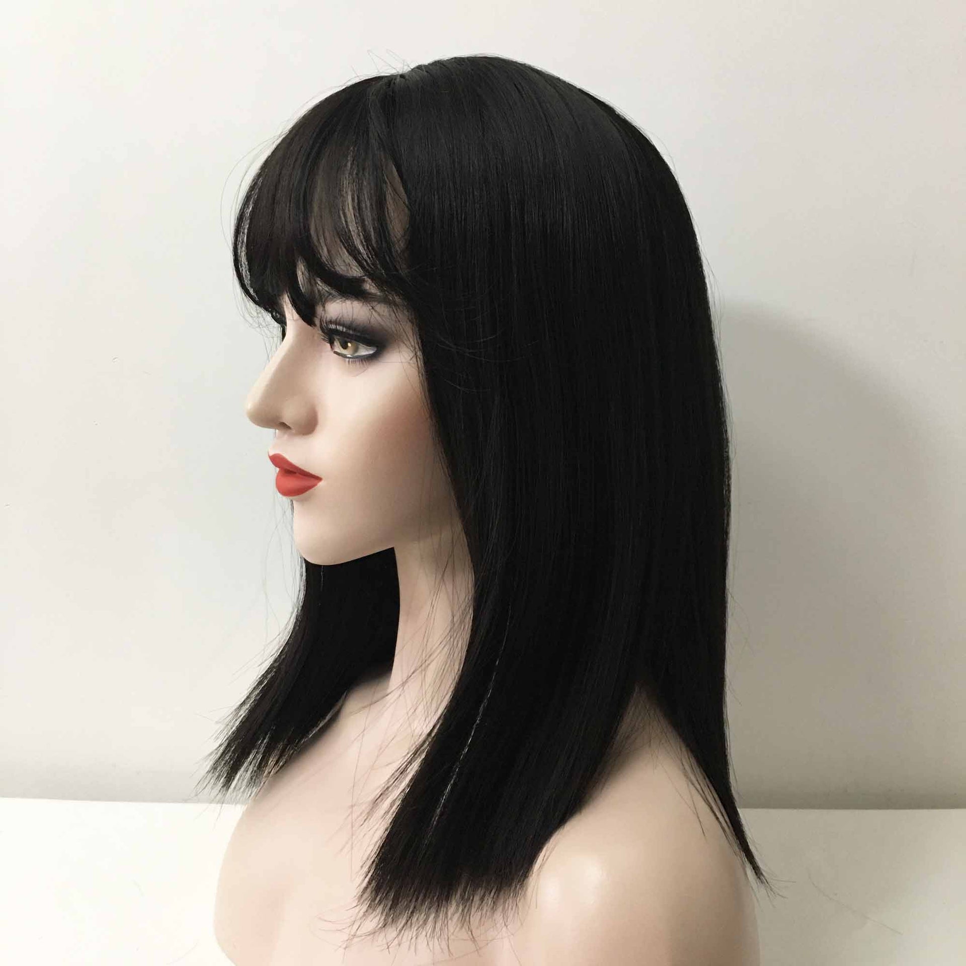 nevermindyrhead Women Black Medium Length Straight Blunt Cut Fringe Bangs Wig