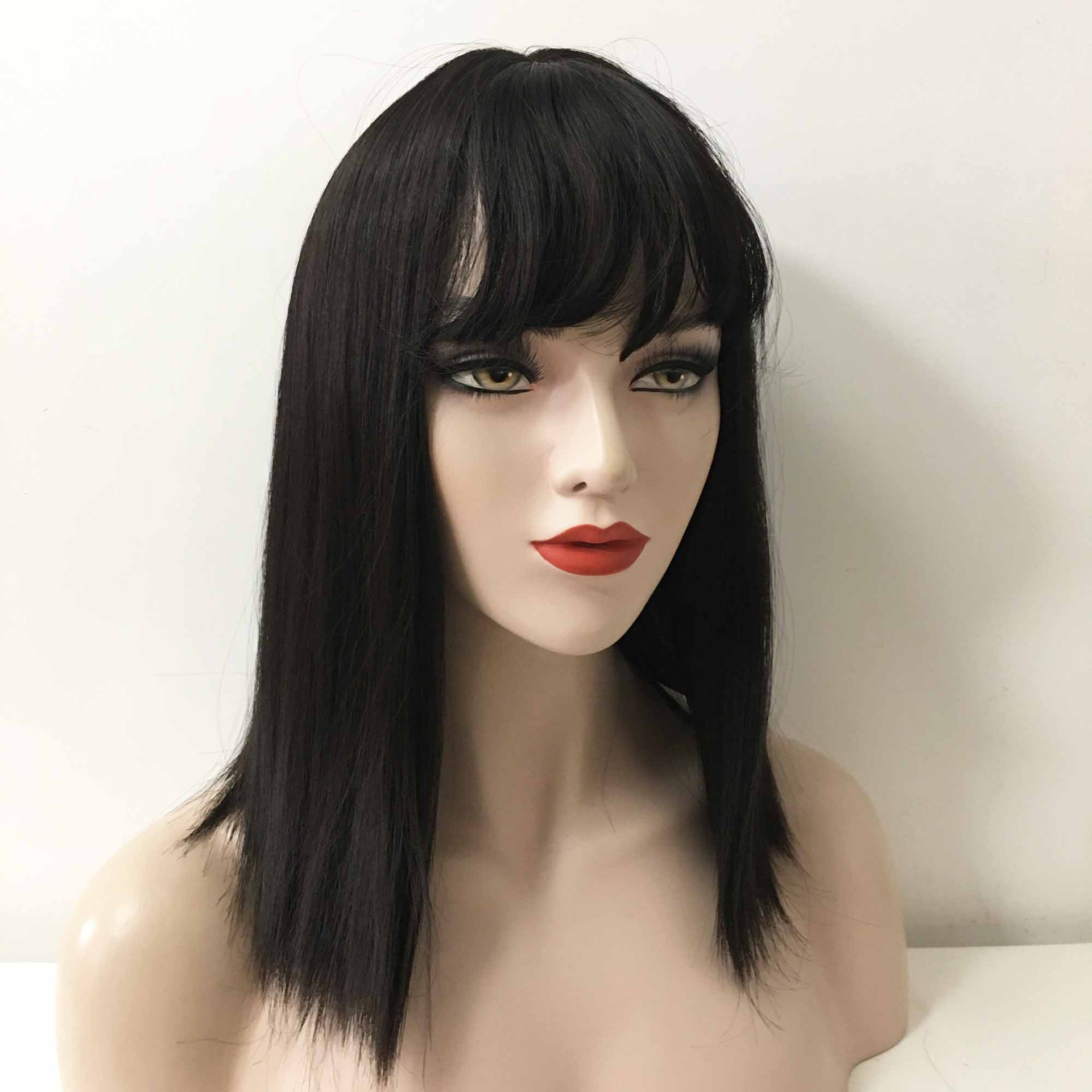 nevermindyrhead Women Black Medium Length Straight Blunt Cut Fringe Bangs Wig
