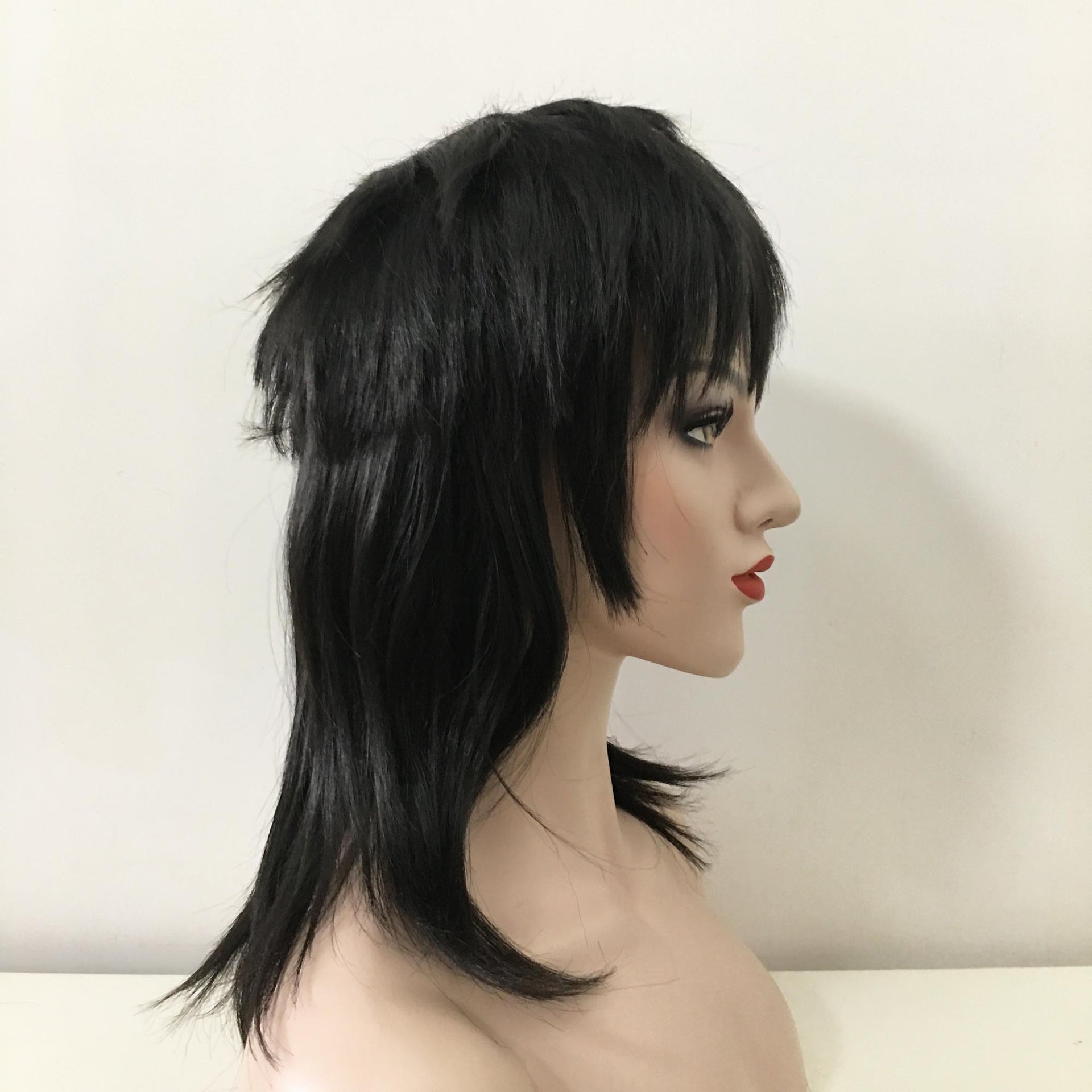 nevermindyrhead Women Black Medium-Length Straight Fringe Bangs Punk Mullet Cosplay Wig