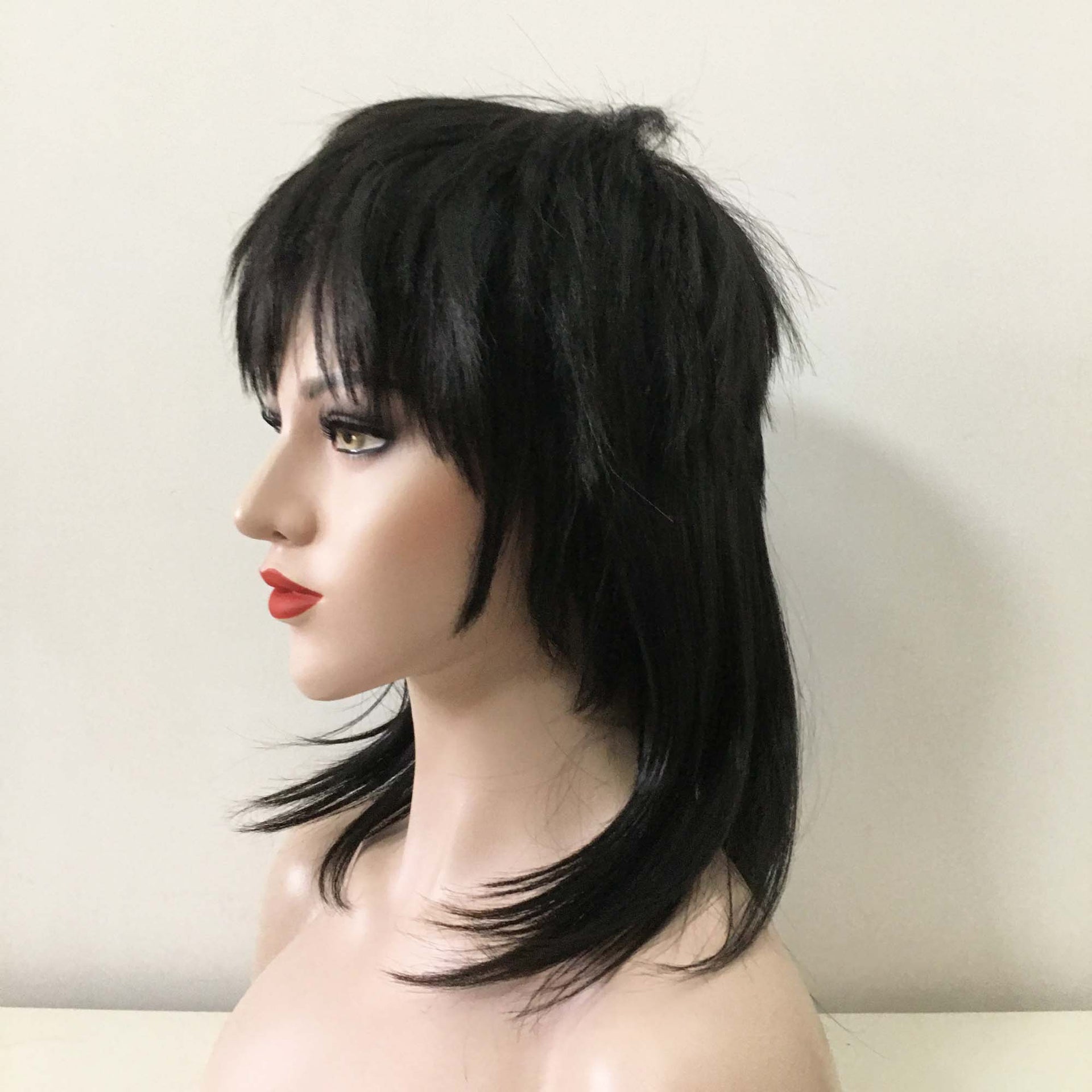 nevermindyrhead Women Black Medium-Length Straight Fringe Bangs Punk Mullet Cosplay Wig