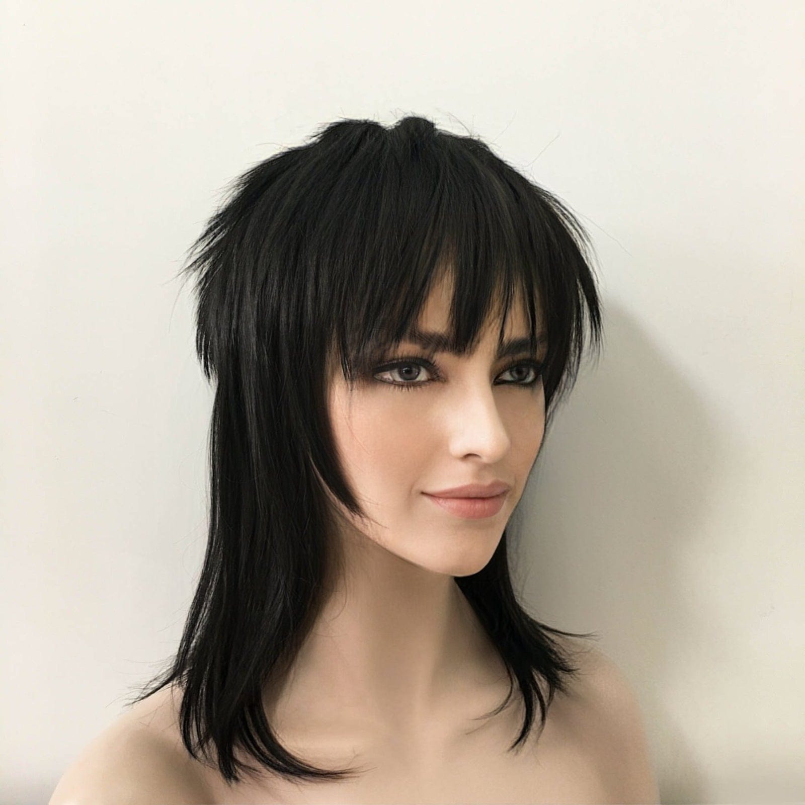 nevermindyrhead Women Black Medium-Length Straight Fringe Bangs Punk Mullet Cosplay Wig