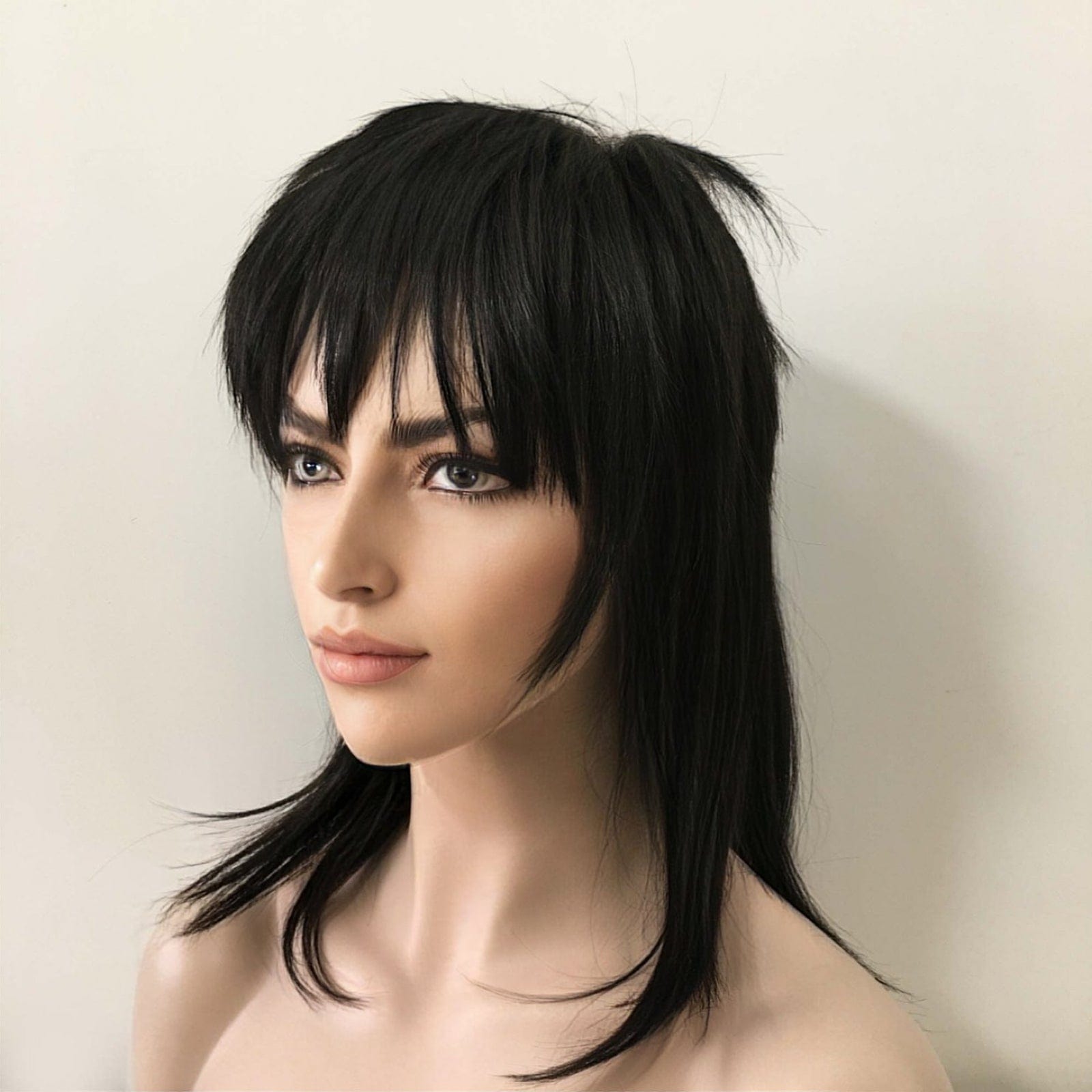 nevermindyrhead Women Black Medium-Length Straight Fringe Bangs Punk Mullet Cosplay Wig