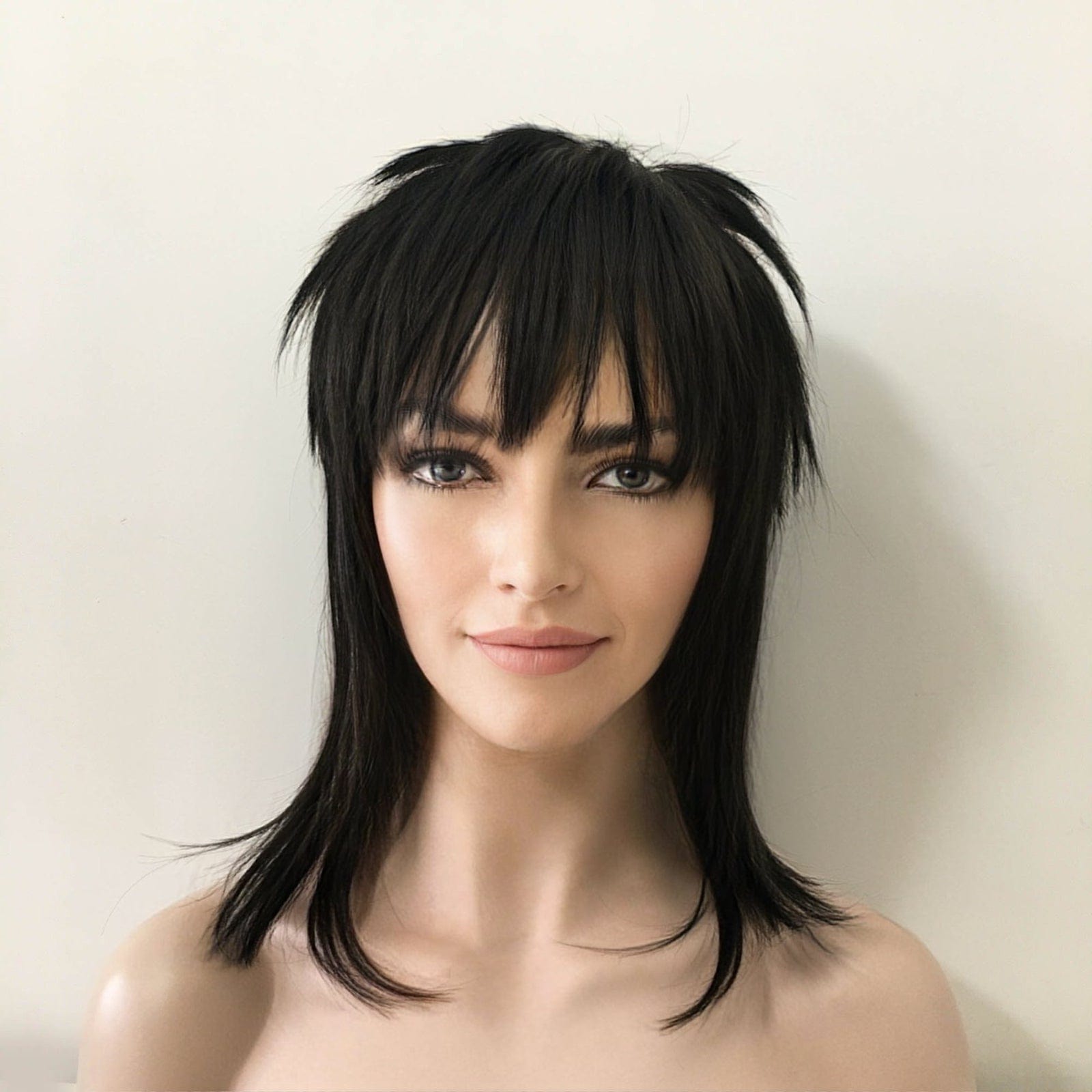 nevermindyrhead Women Black Medium-Length Straight Fringe Bangs Punk Mullet Cosplay Wig