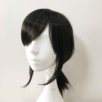 Women Black Medium Length Straight Side Swept Bangs Sideburns Ponytail Cosplay Wig