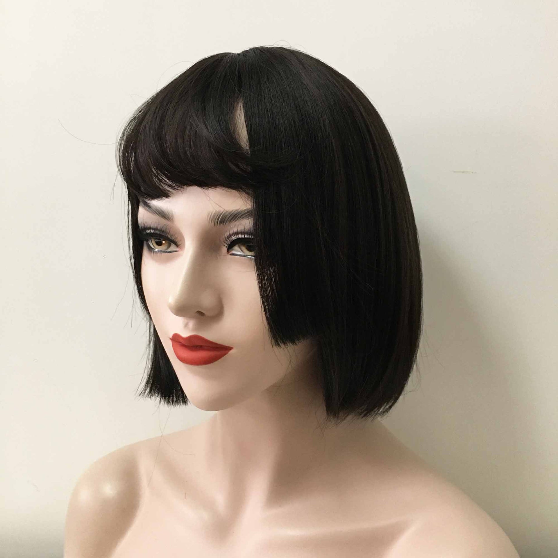 nevermindyrhead Women Black Short Straight Bob Fringe Bangs Layered Wig