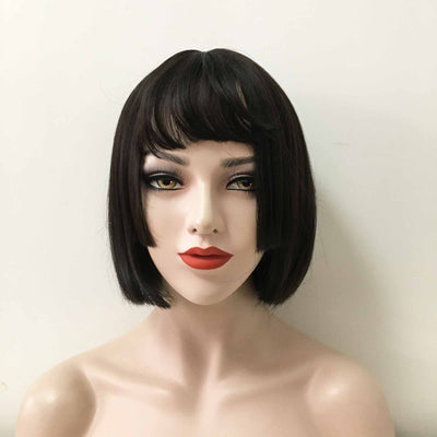 Women Black Short Straight Bob Fringe Bangs Layered Wig