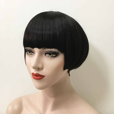 Women Black Short Straight Round Bob Full Blunt Bangs Wig