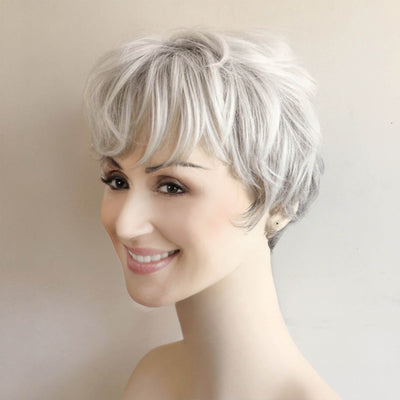 Women Black Silver Gray Salt And Pepper Short Straight Fringe Bangs Wig