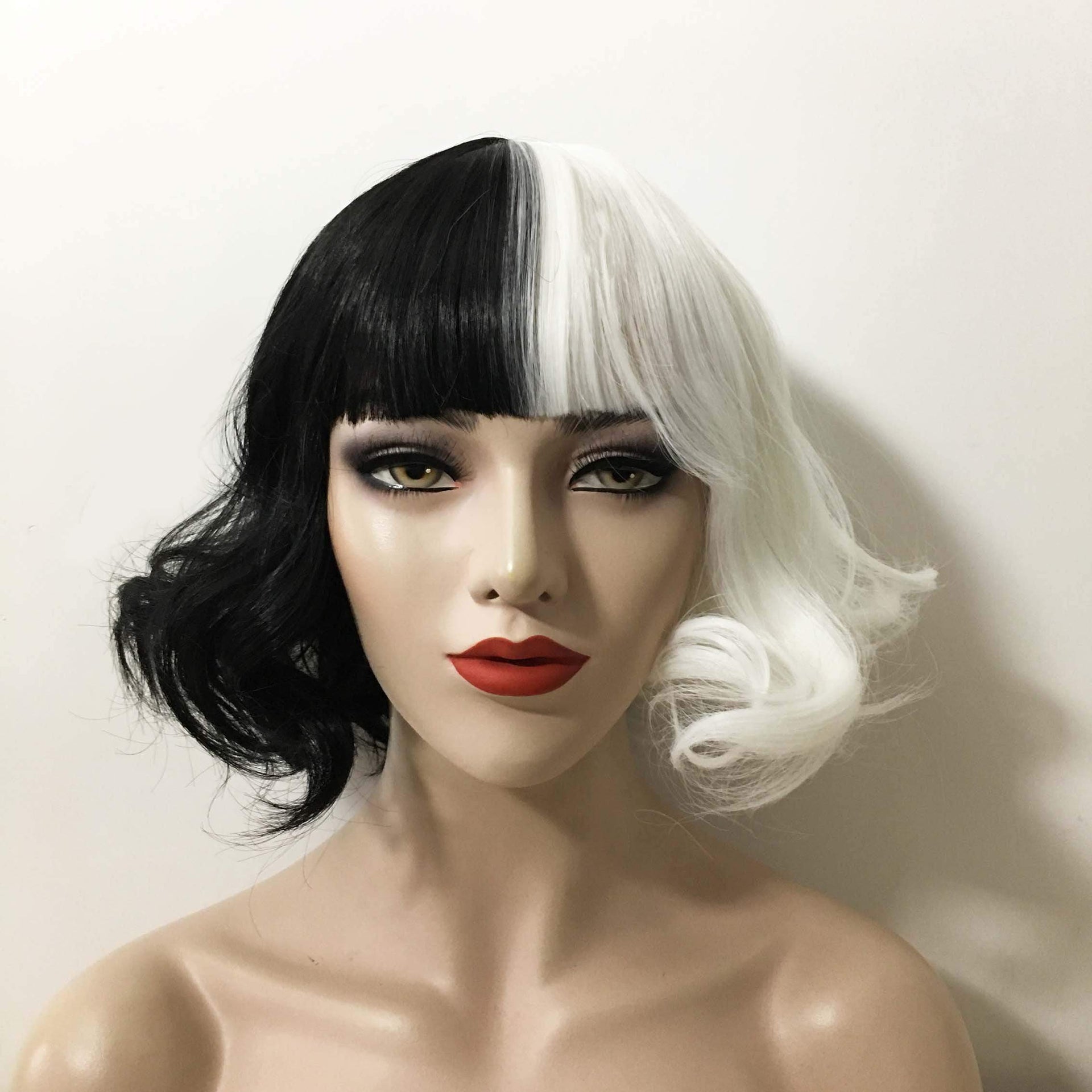 nevermindyrhead Women Black White Split Color Short Curly Blunt Bangs Wig