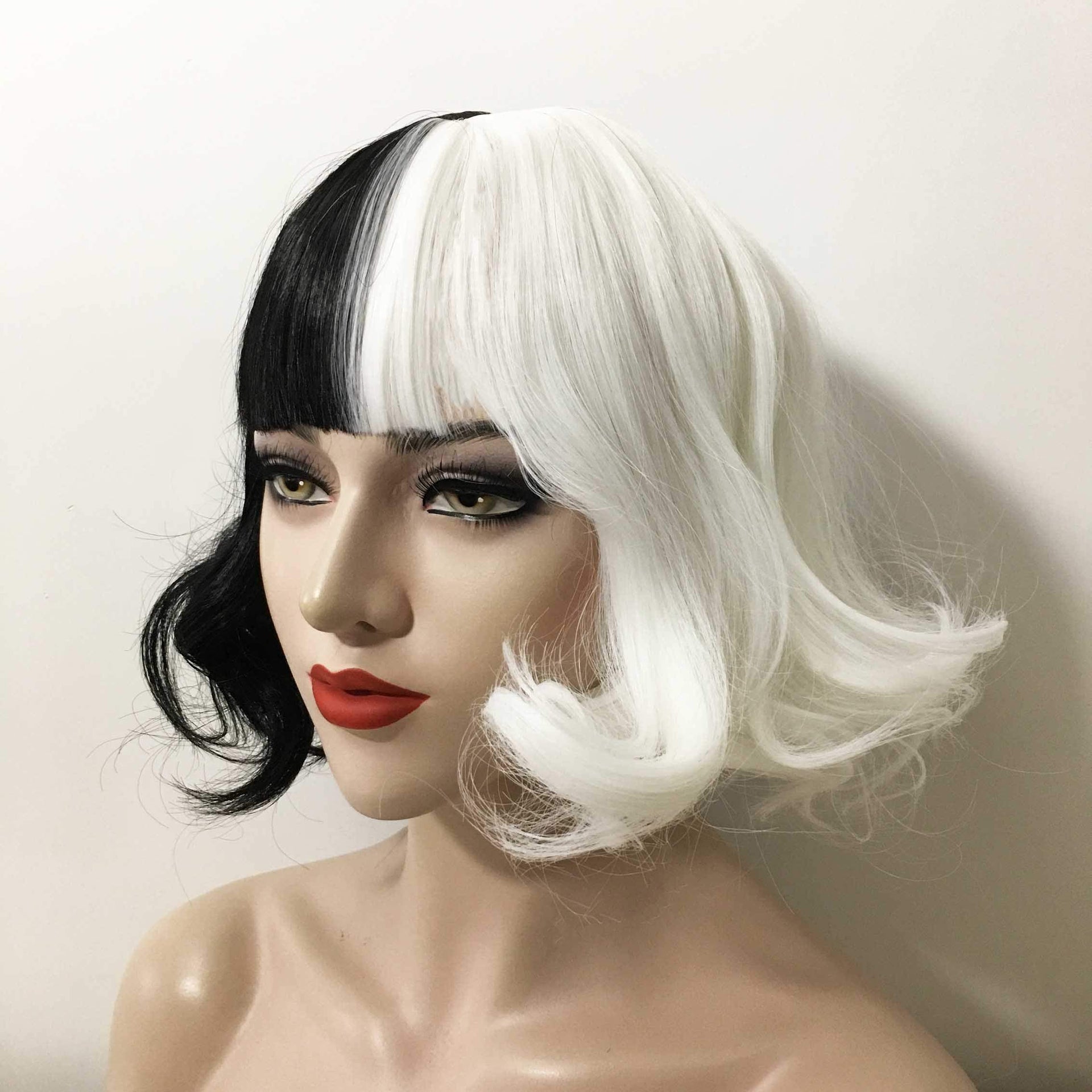 nevermindyrhead Women Black White Split Color Short Curly Blunt Bangs Wig