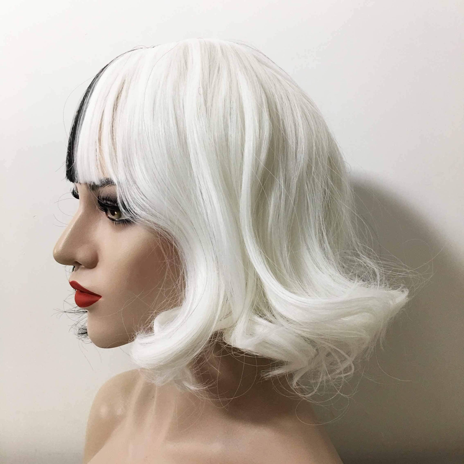 nevermindyrhead Women Black White Split Color Short Curly Blunt Bangs Wig