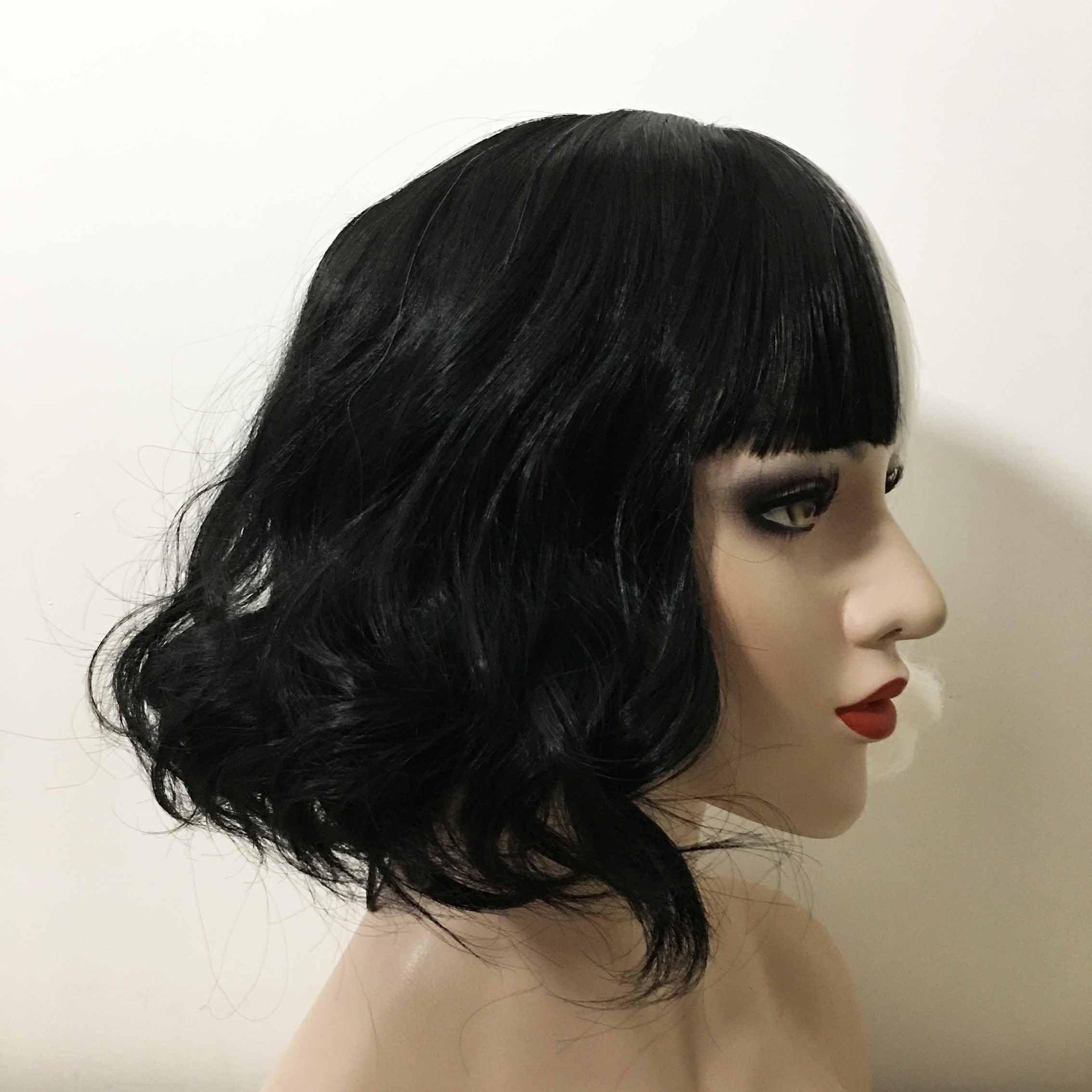 nevermindyrhead Women Black White Split Color Short Curly Blunt Bangs Wig
