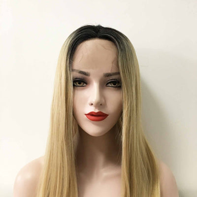 Women Blonde Dark Root Long Straight Middle Part Wig