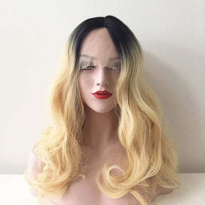 Frauen Blonde Ombre Dark Root Lace Front Lange Lockige MittelteilPerücke