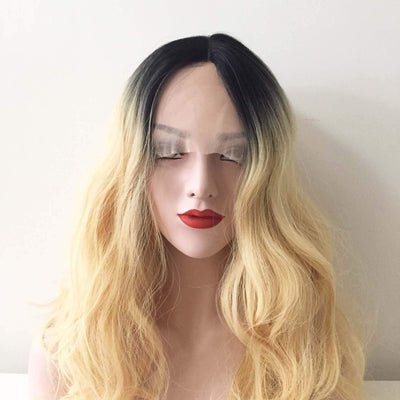 Frauen Blonde Ombre Dark Root Lace Front Lange Lockige MittelteilPerücke