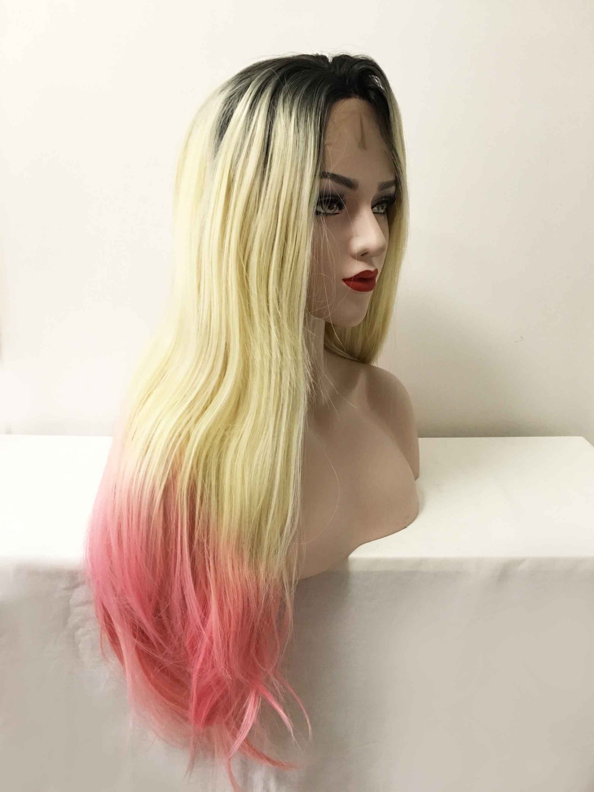 nevermindyrhead Women Blonde Ombre Pink Dark Root Lace Front Long Straight Middle Part Wig