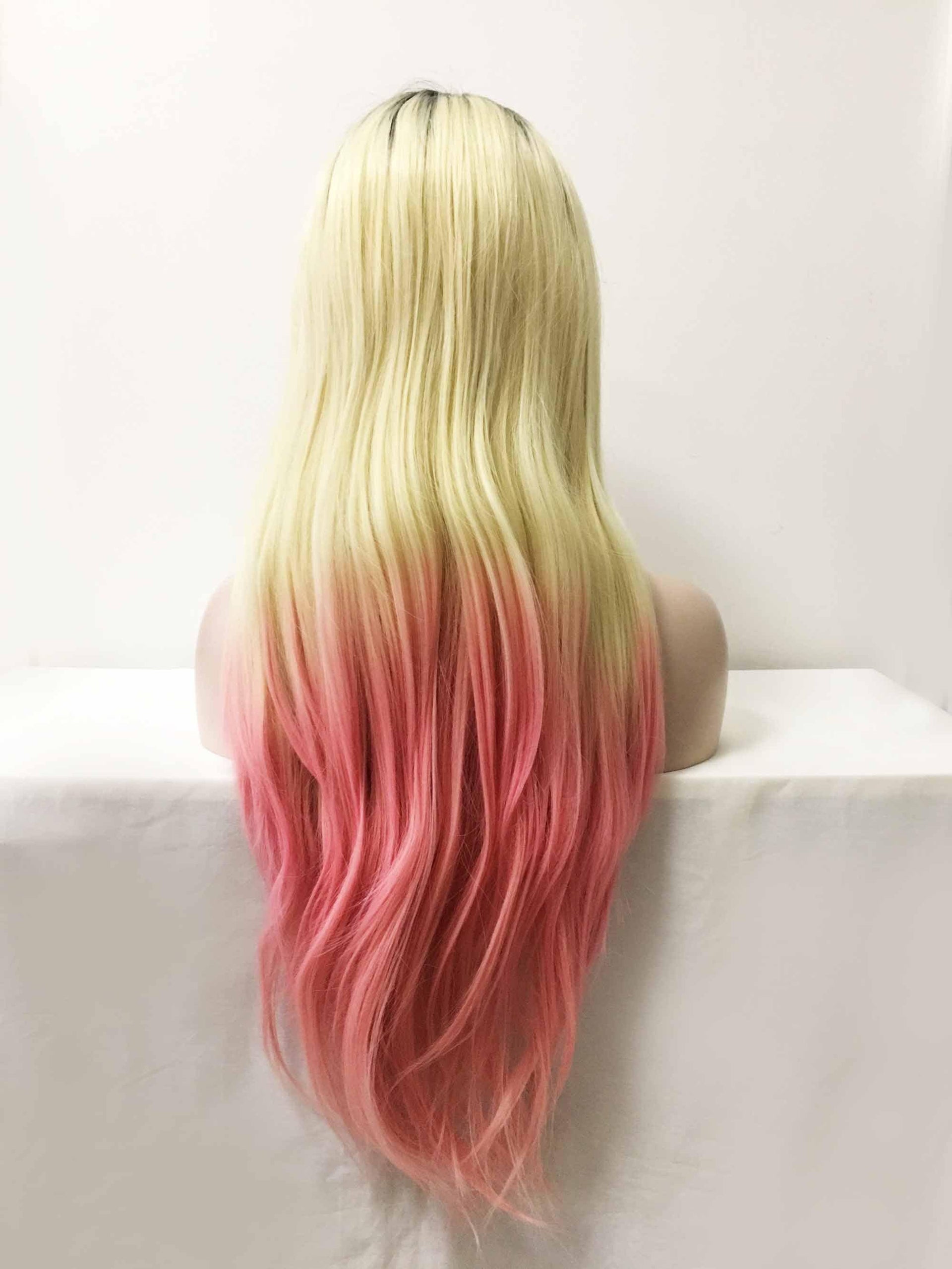 nevermindyrhead Women Blonde Ombre Pink Dark Root Lace Front Long Straight Middle Part Wig
