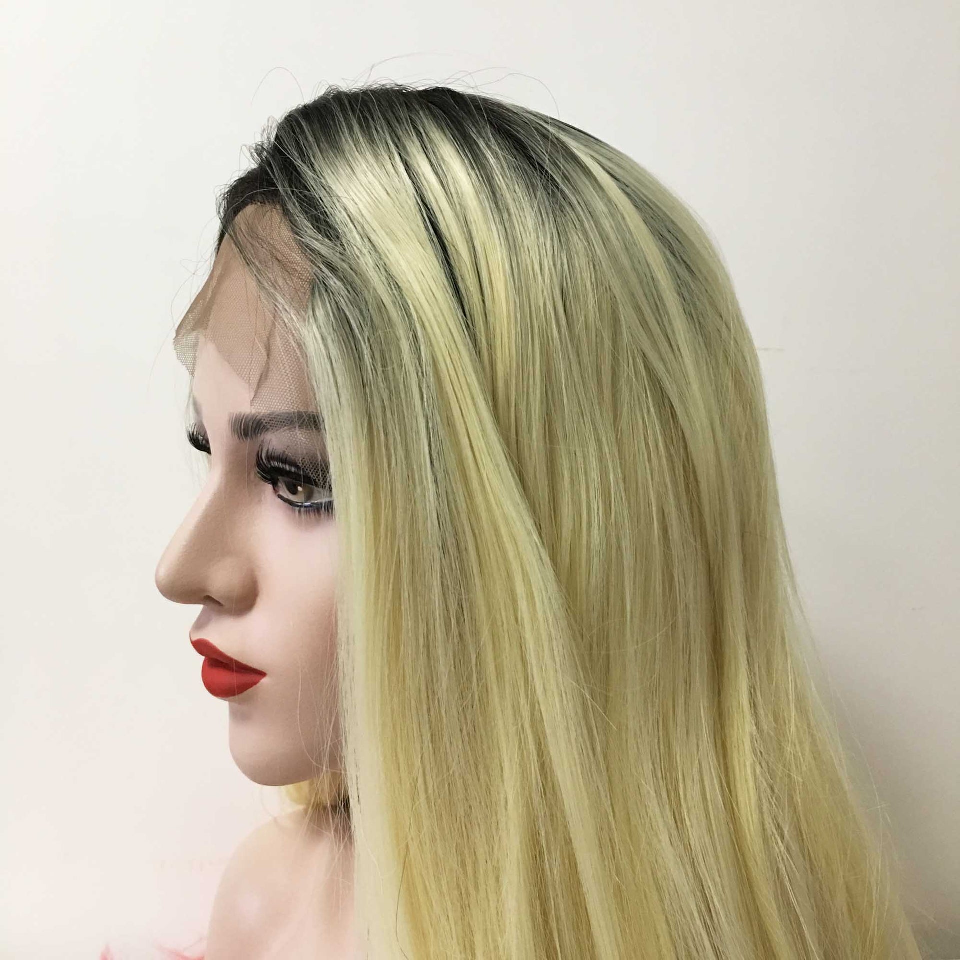 nevermindyrhead Women Blonde Ombre Pink Dark Root Lace Front Long Straight Middle Part Wig